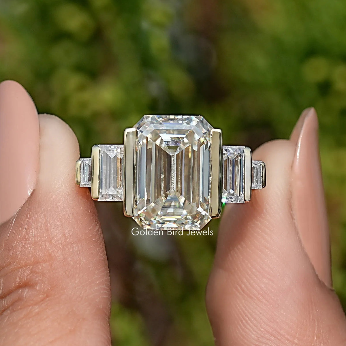 Old Mine Emerald Moissanite Five Stone Ring