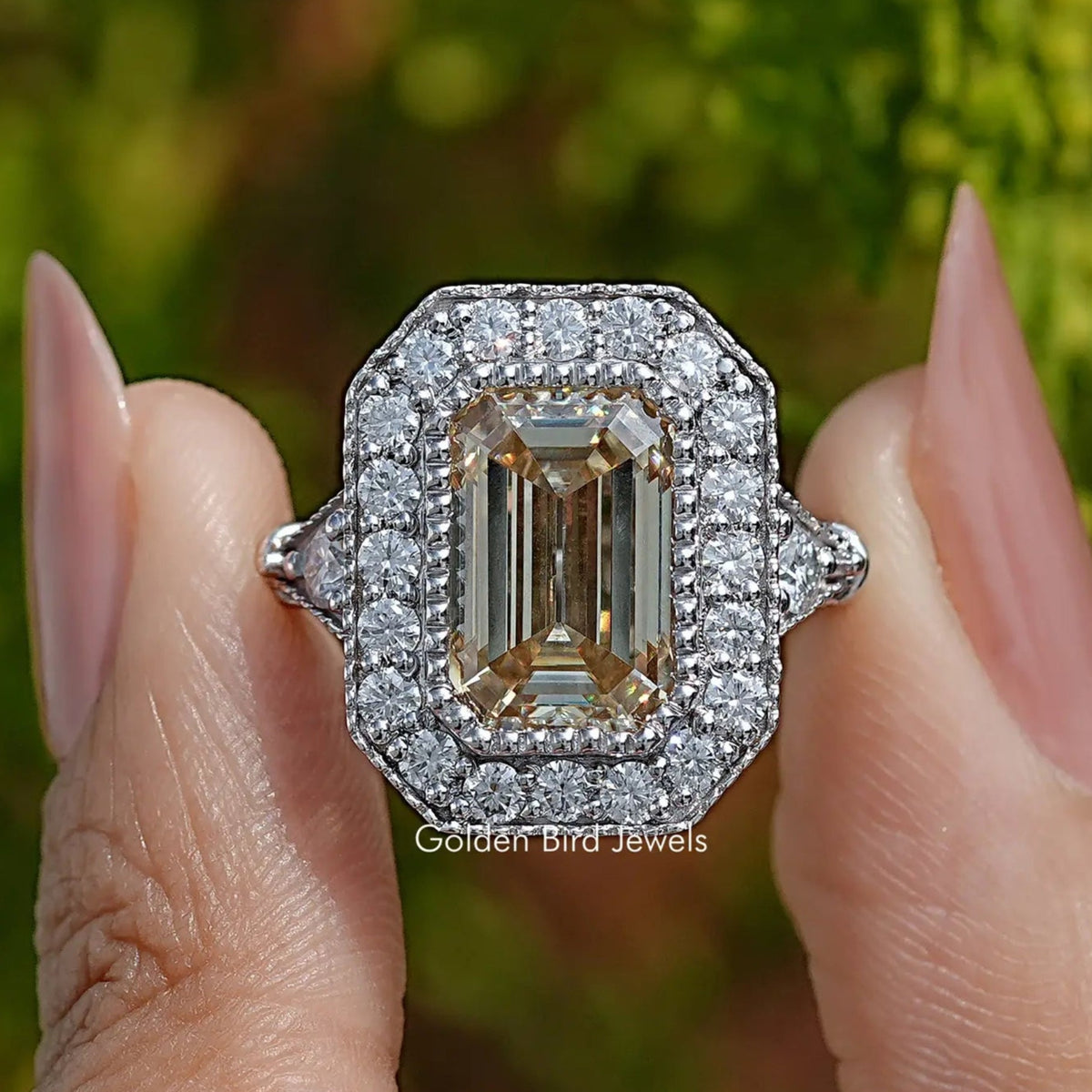 Old Mine Emerald Cut Moissanite Engagement Ring