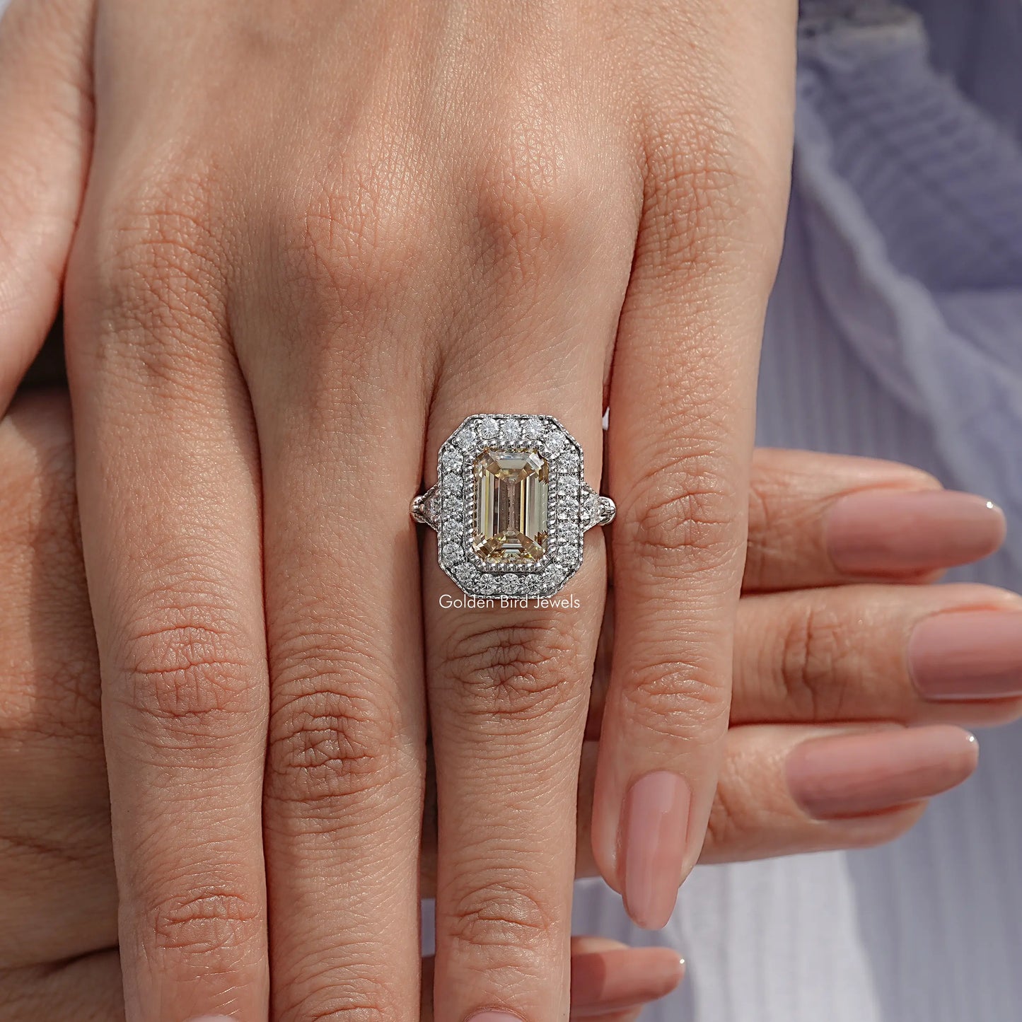 Detailed View Of Emerald Moissanite Engagement Ring