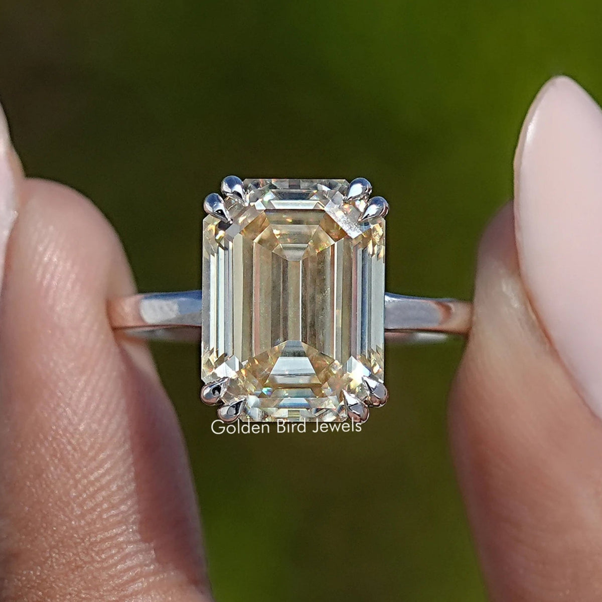 Old Mine Emerald Moissanite Solitaire Ring