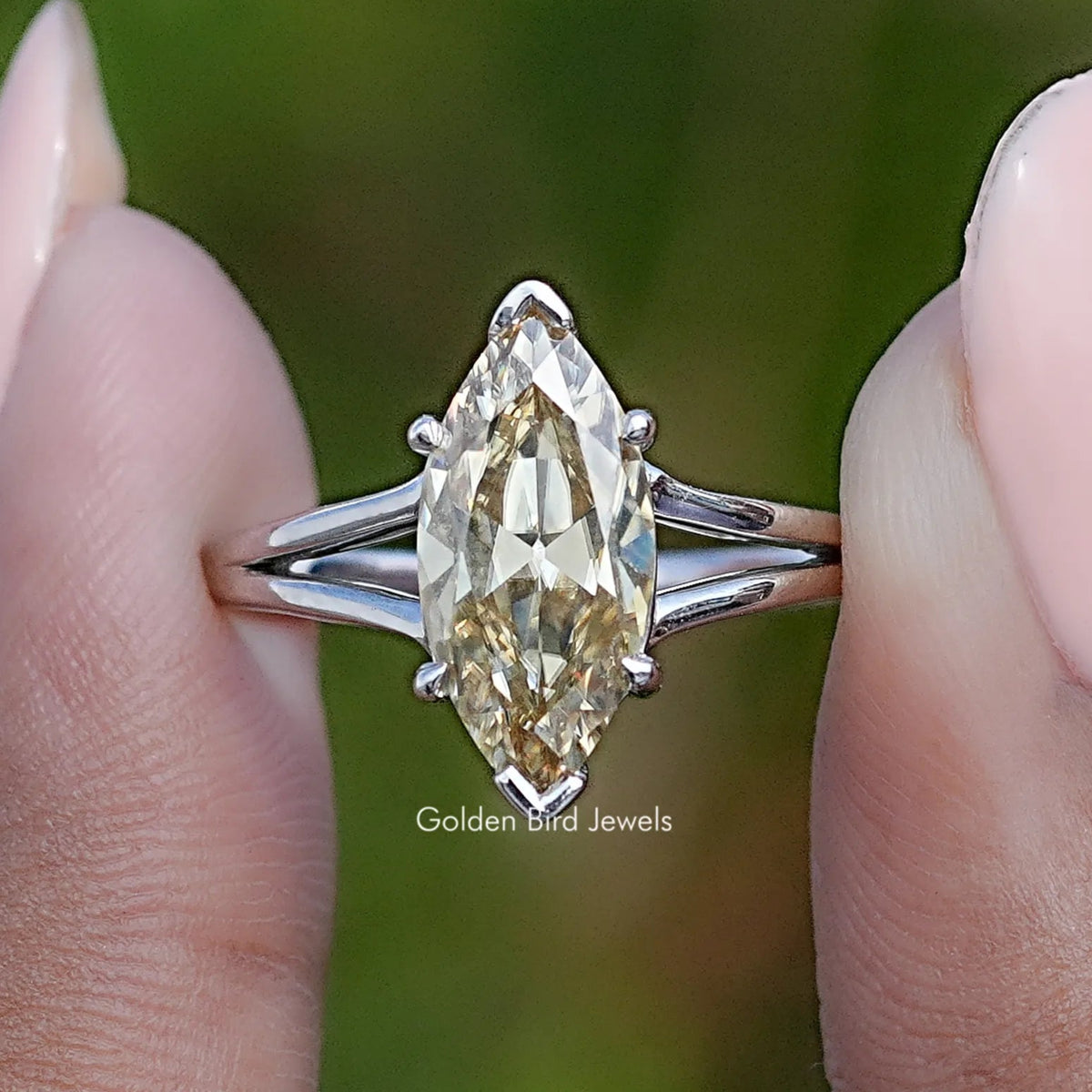Old Mine Marquise Shaped Moissanite Solitaire Ring