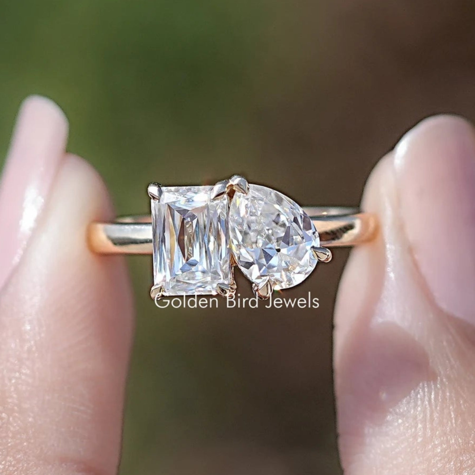 Old Mine Pear and Criss Cut Moissanite Toi Et Moi Ring