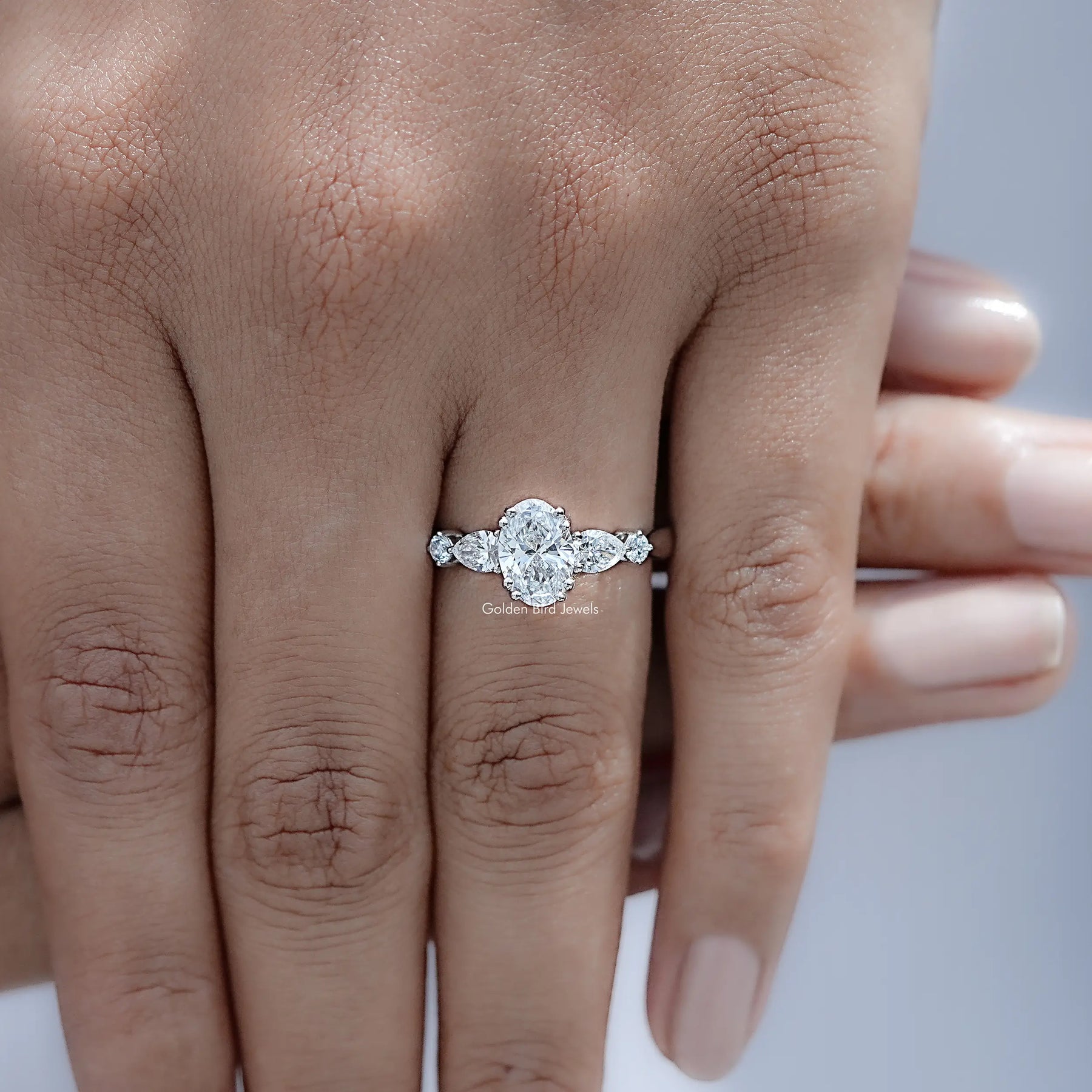 Oval And Pear Lab Diamond Five Stone Engagement Ring