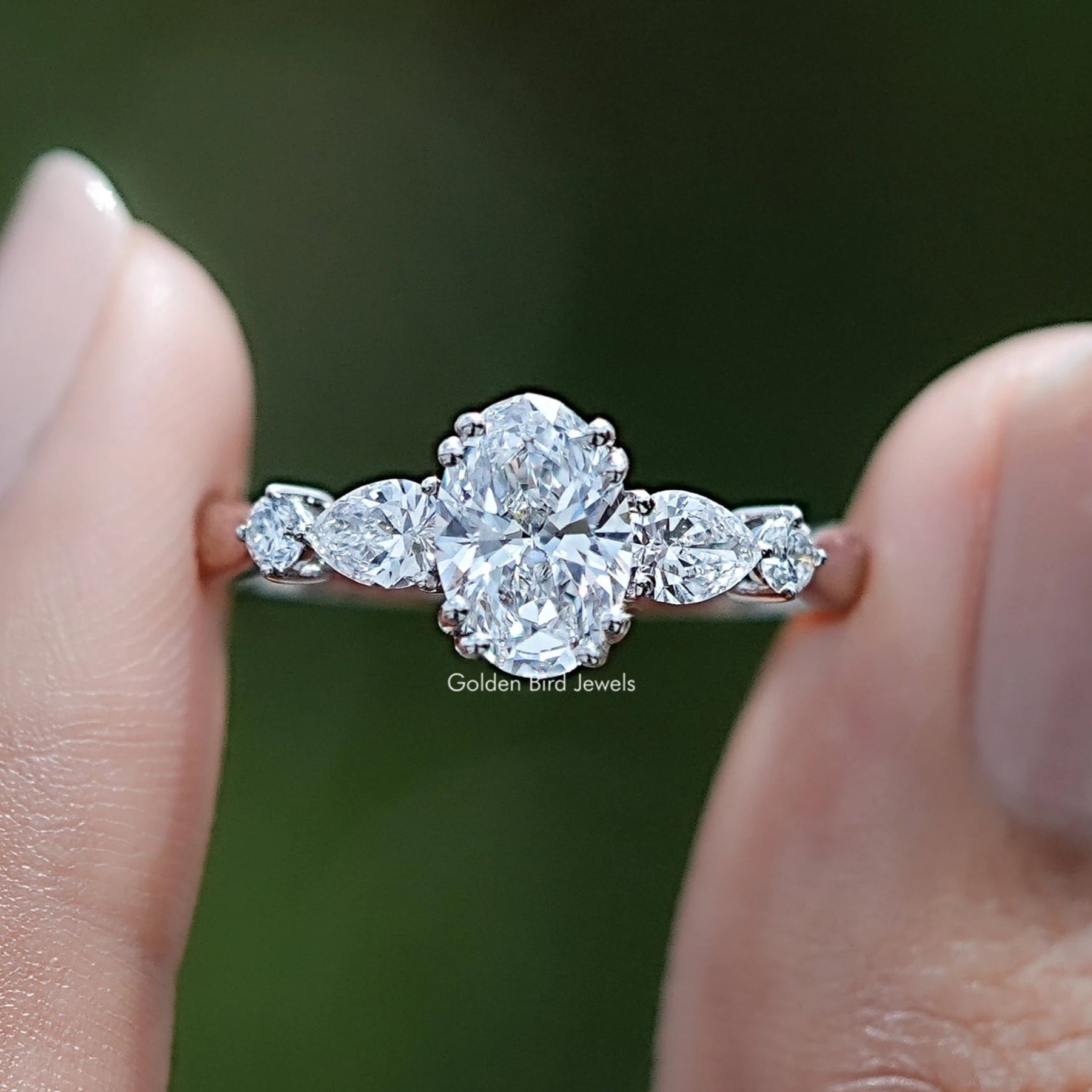 Oval And Pear Lab Diamond Five Stone Engagement Ring