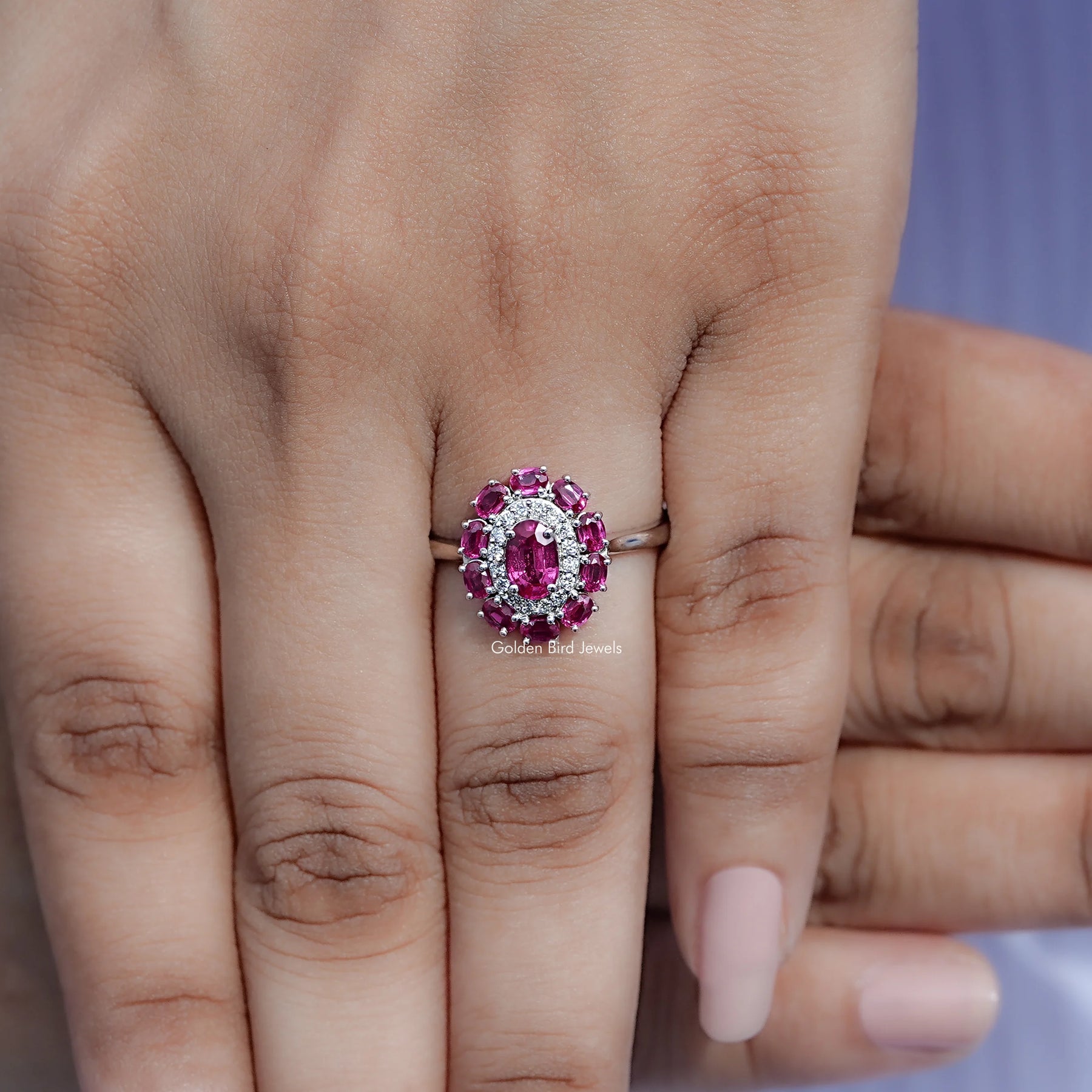 Oval Lab Gemstone Double Halo Engagement Ring