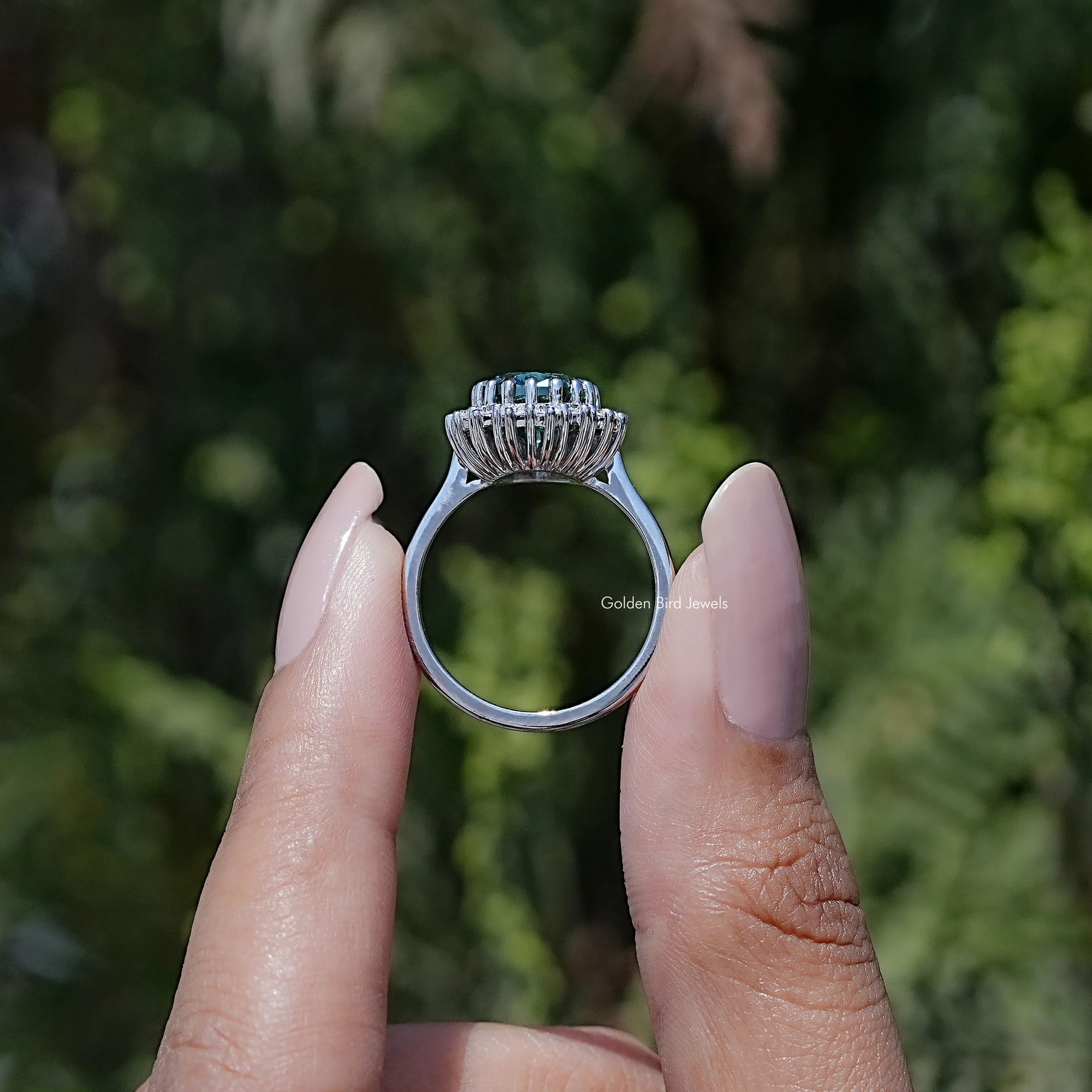 Back view of Oval Cut Moissanite Solitaire Ring in secure setting