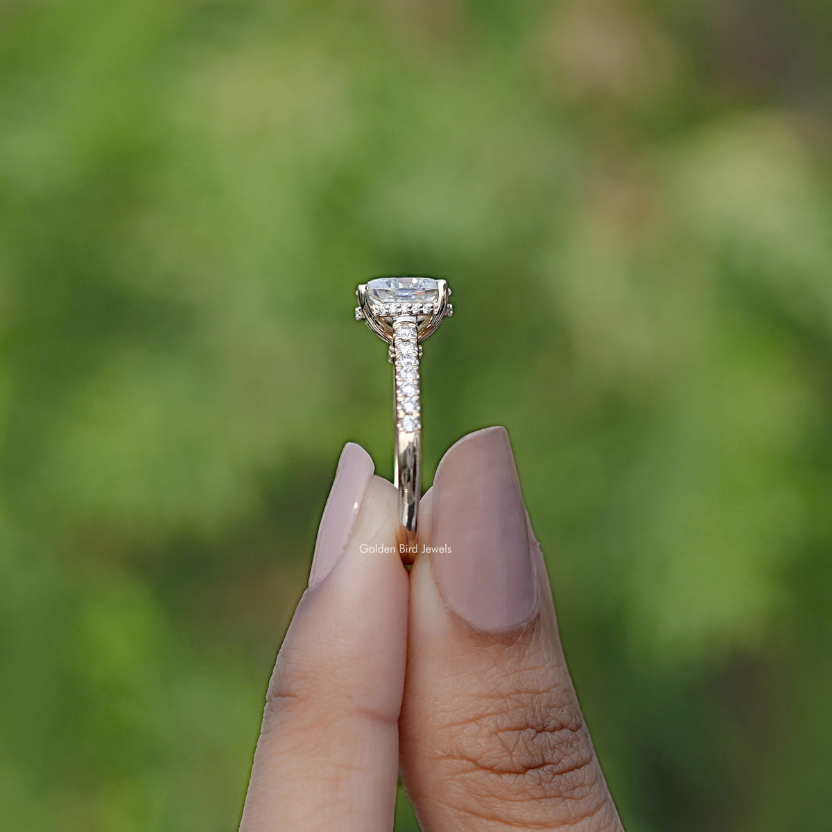 Side View of Engagement ring crafted With Oval Moissanite Bridge Cut