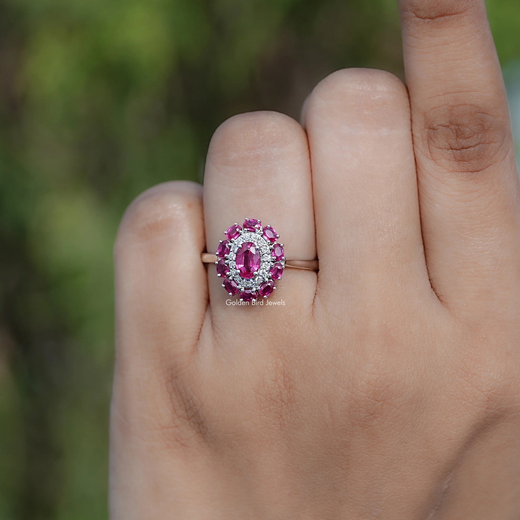 Oval Lab Gemstone Double Halo Engagement Ring