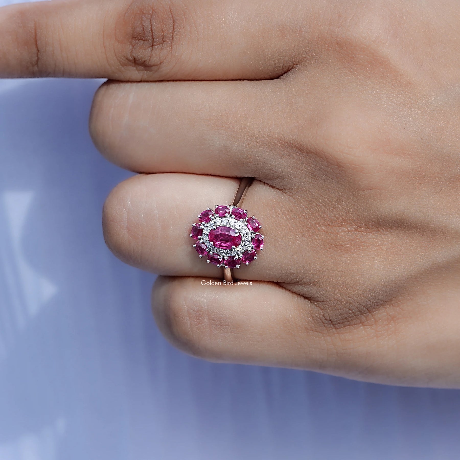 Oval Lab Gemstone Double Halo Engagement Ring