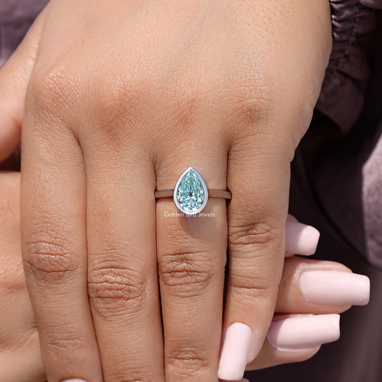 Old Mine Pear Cut Moissanite Diamond Bezel Set Ring
