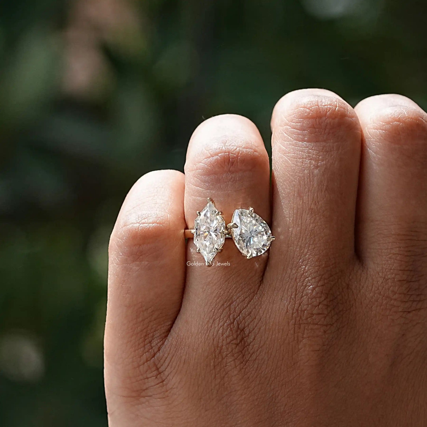 Detailed View of Dutch Marquise Moissanite Engagement Ring In Yellow Gold