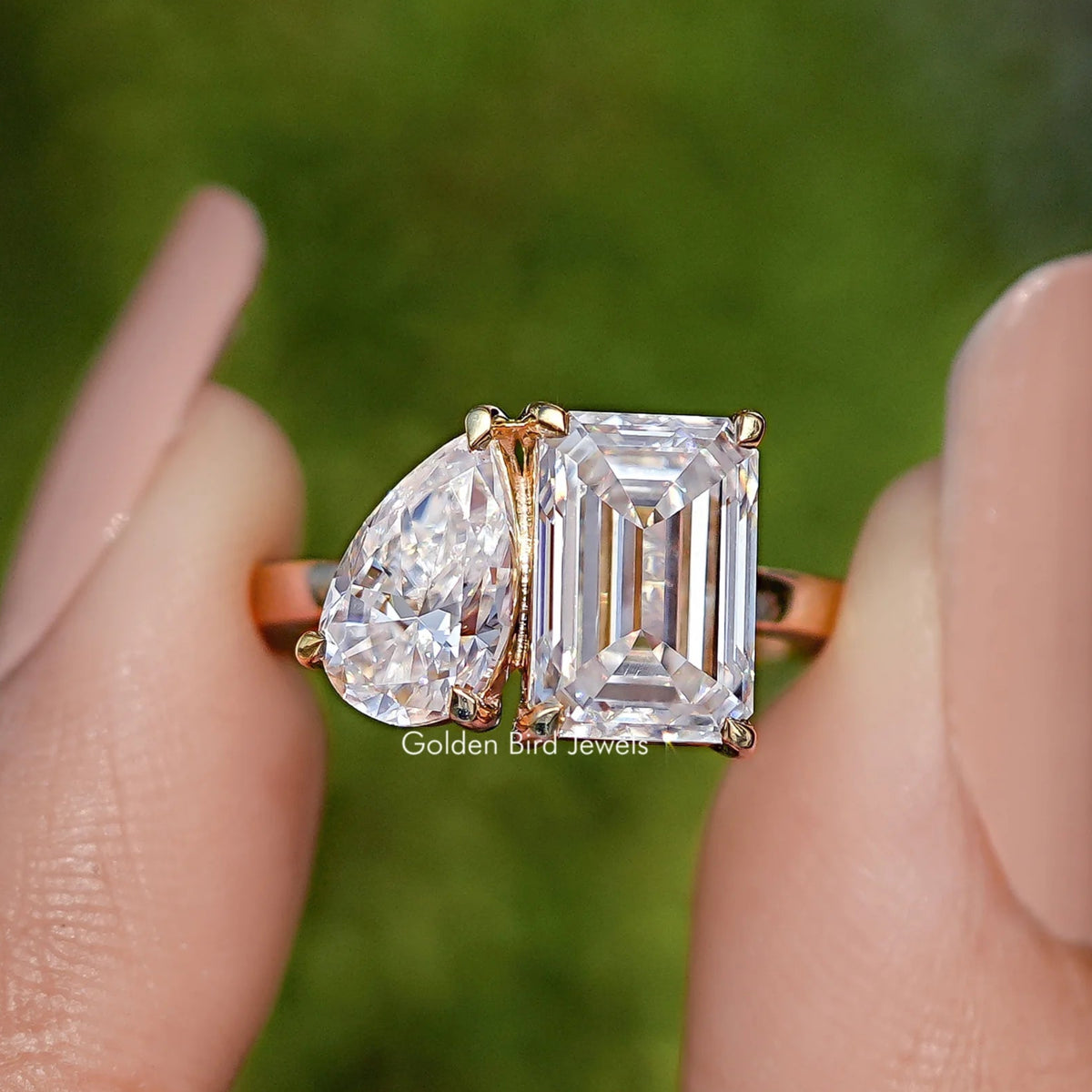 Pear And Emerald Cut Moissanite Two Stone Ring