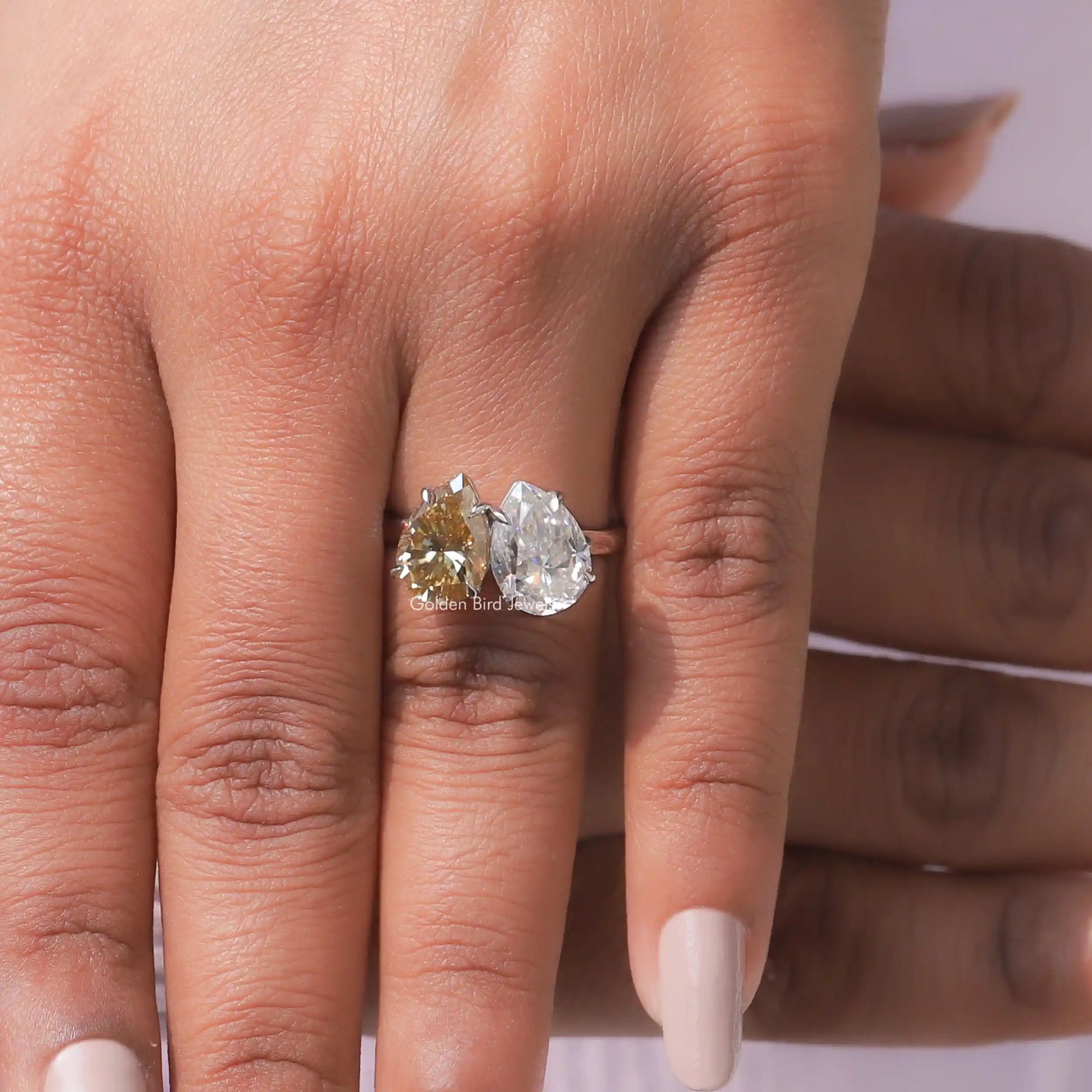 View of Pear Cut Two Stone Moissanite Ring In White Gold