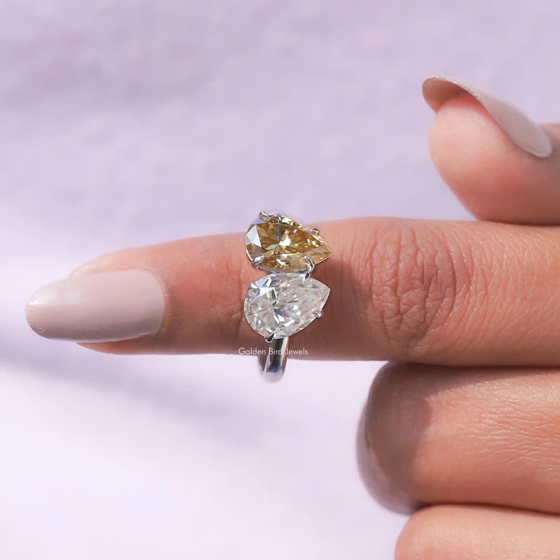 In finger front View of Pear Cut Toi Moi Ring