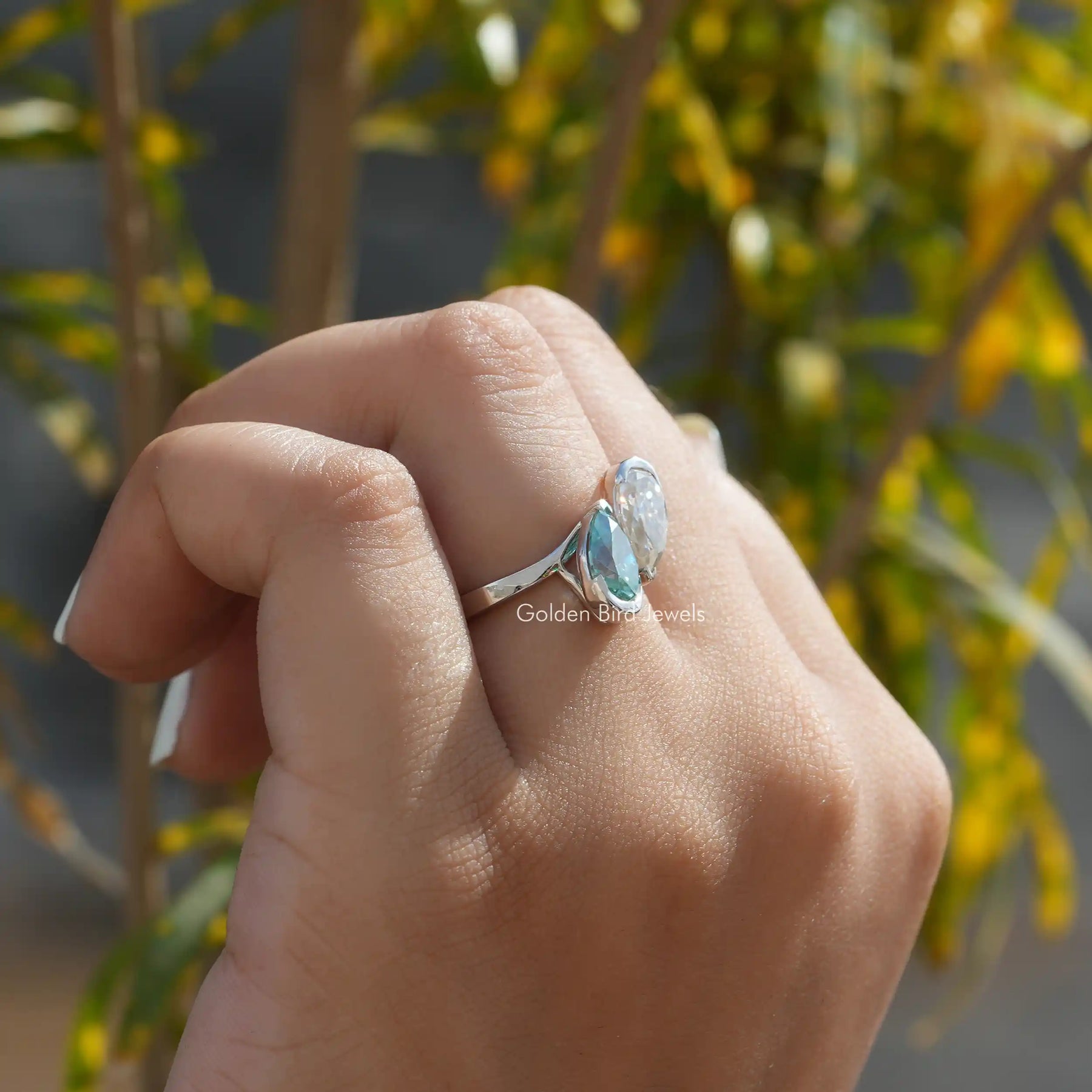 Close view of Pear moissanite engagement ring