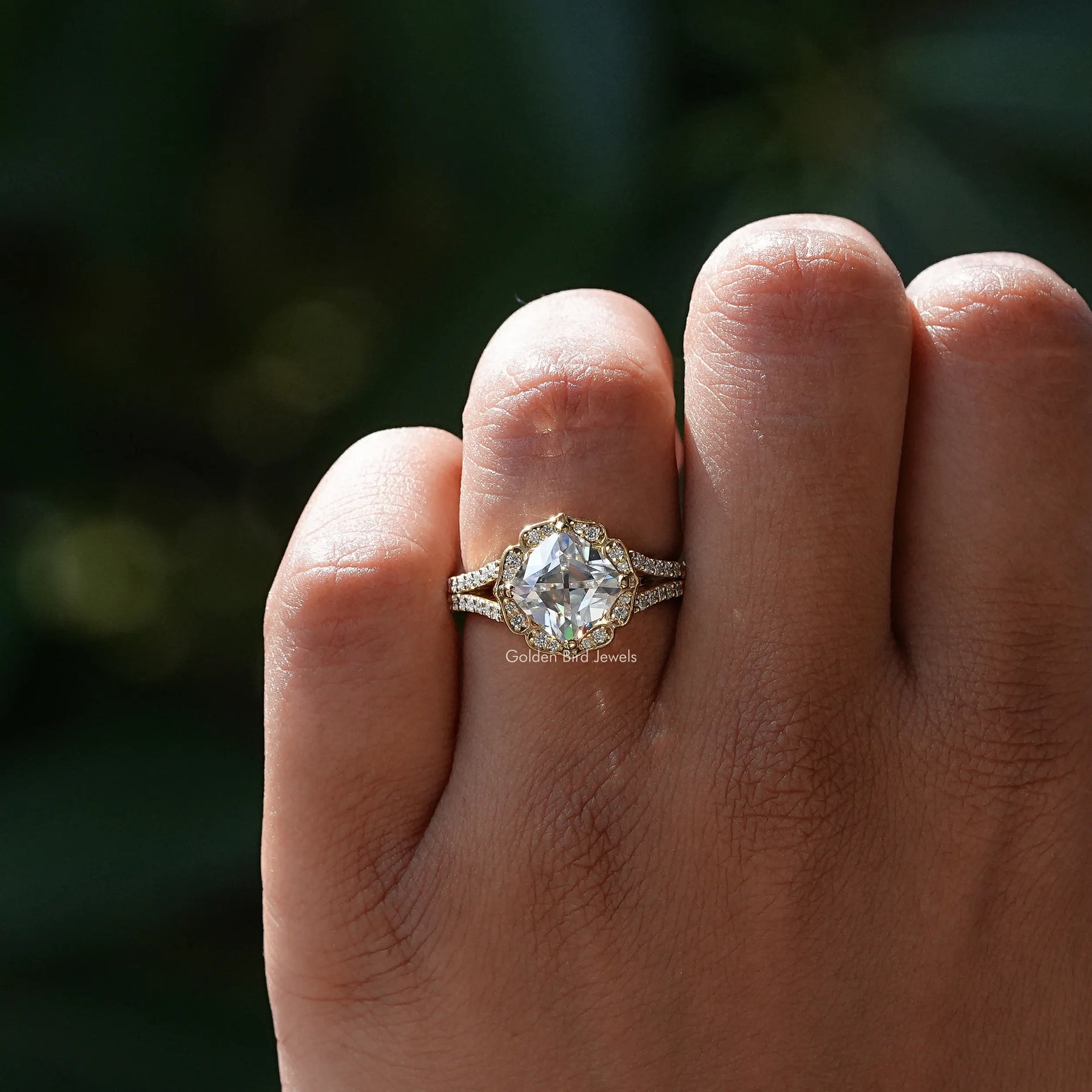 Close-Up View of Peruzzi Cut Moissanite Ring In Yellow Gold