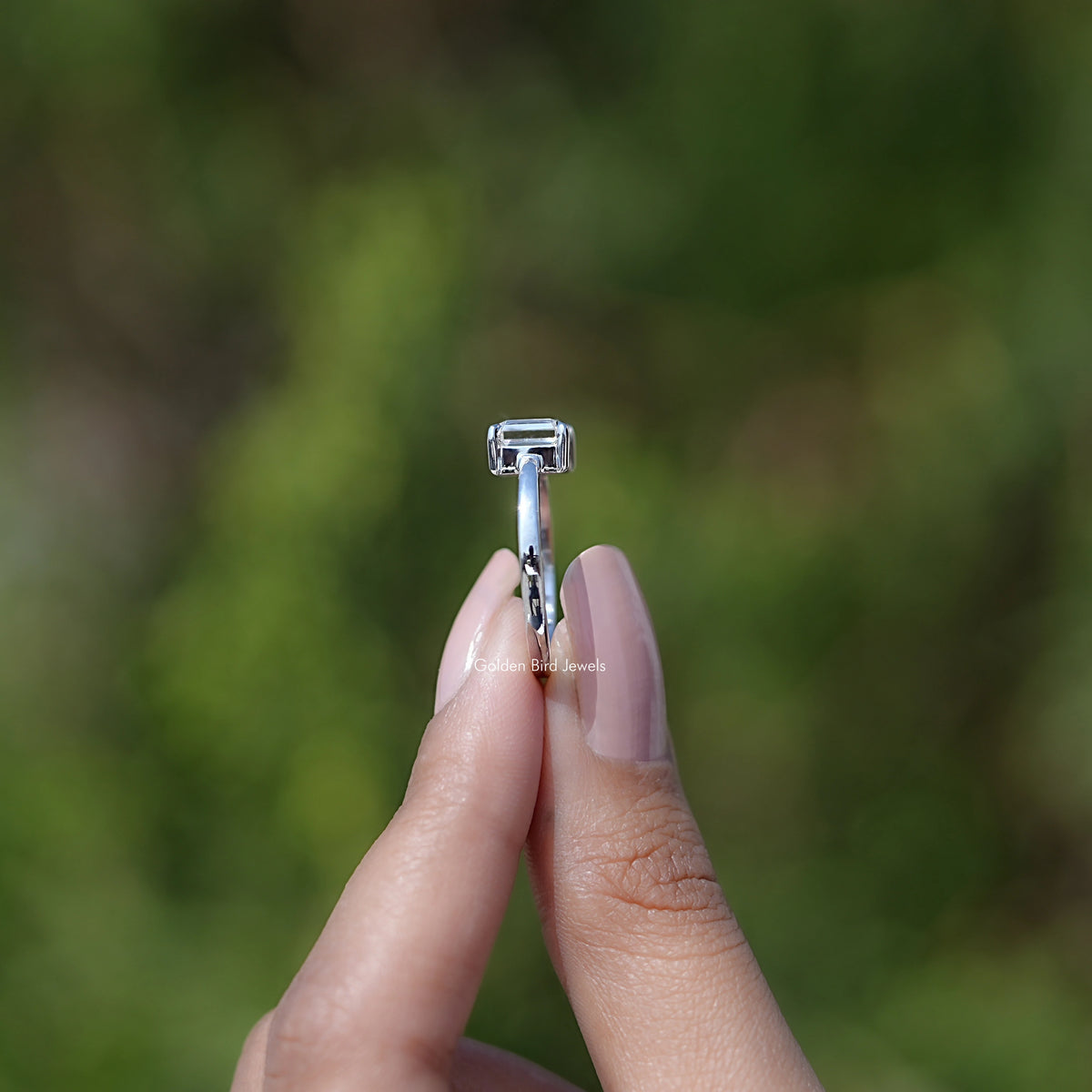 Side View of East West Portrait Radiant Moissanite Solitaire Ring
