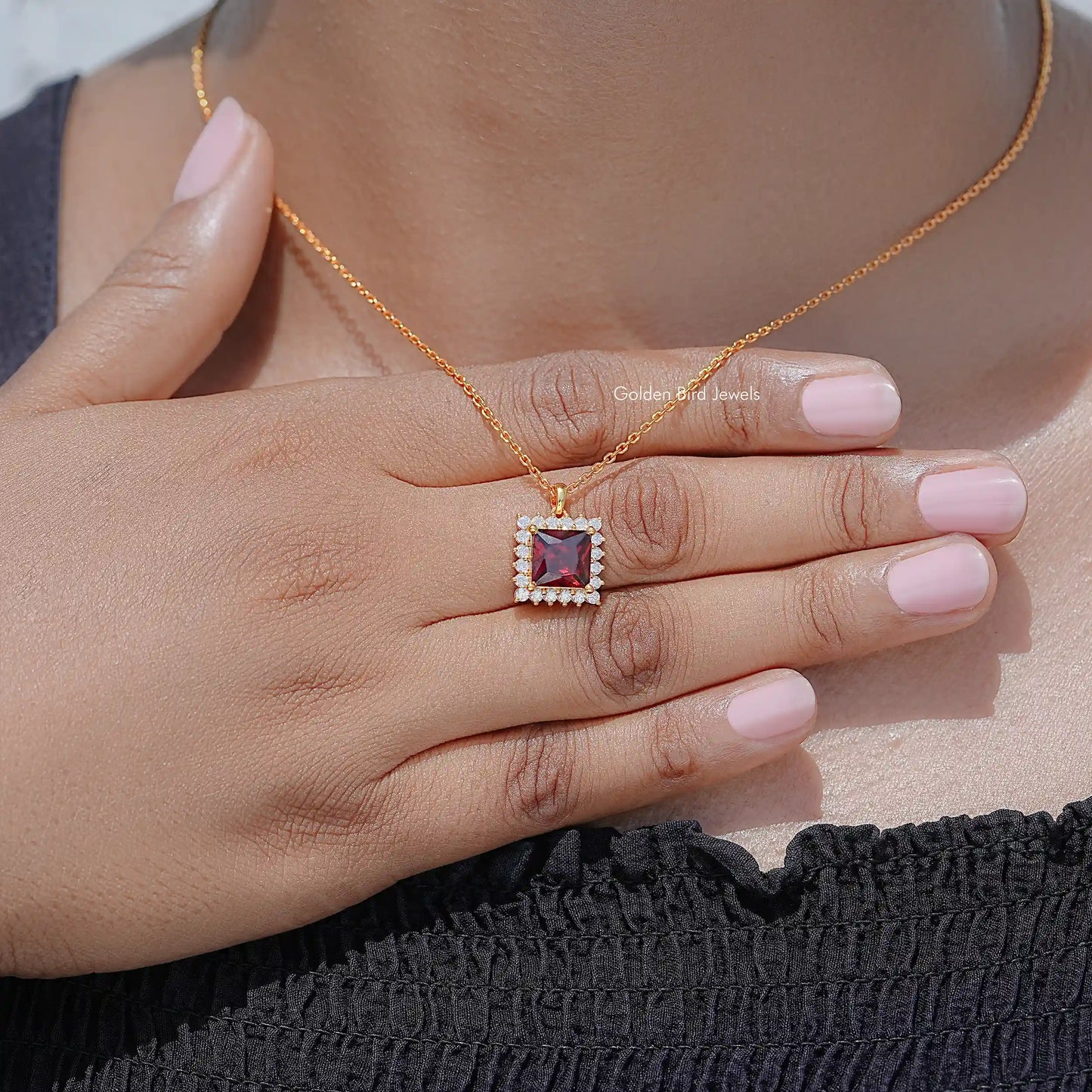 Red Ruby Princess Cut Moissanite Gemstone Halo Pendant