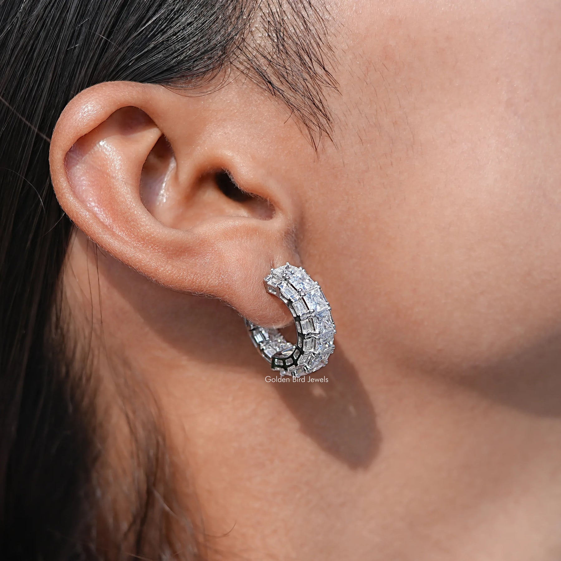 View of Princess Cut Moissanite C-Hoop Earring In White Gold