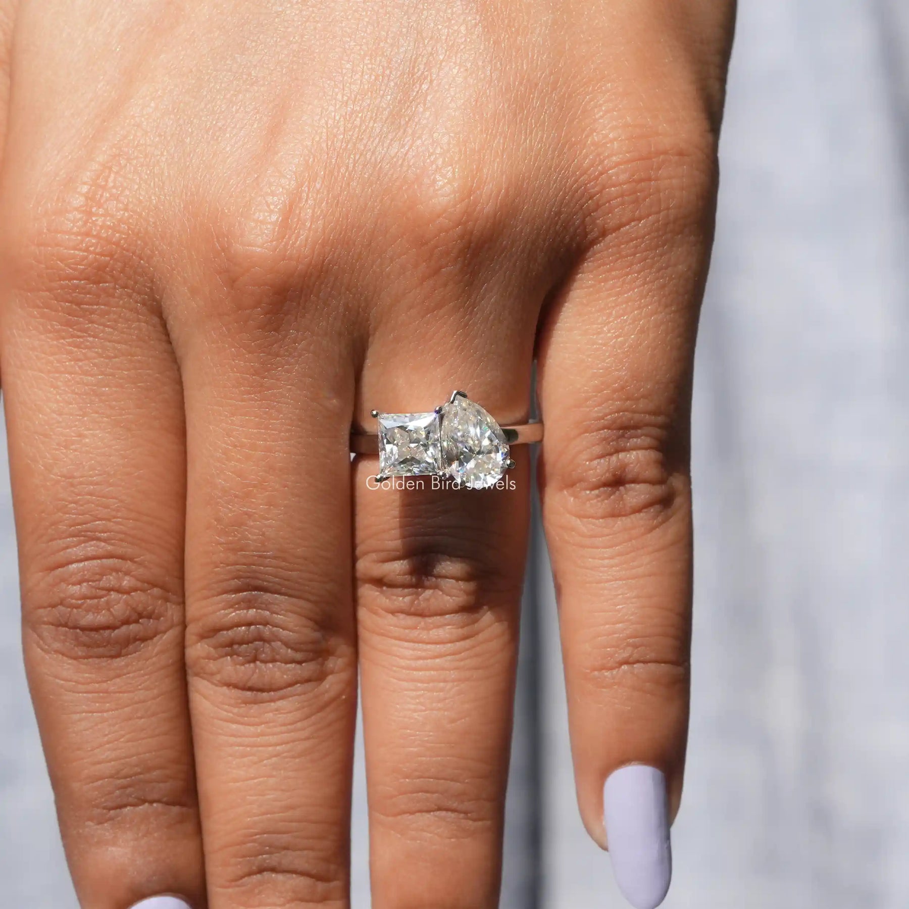 Detailed View Of Princess Cut Moissanite Toi Et Moi Ring In White Gold