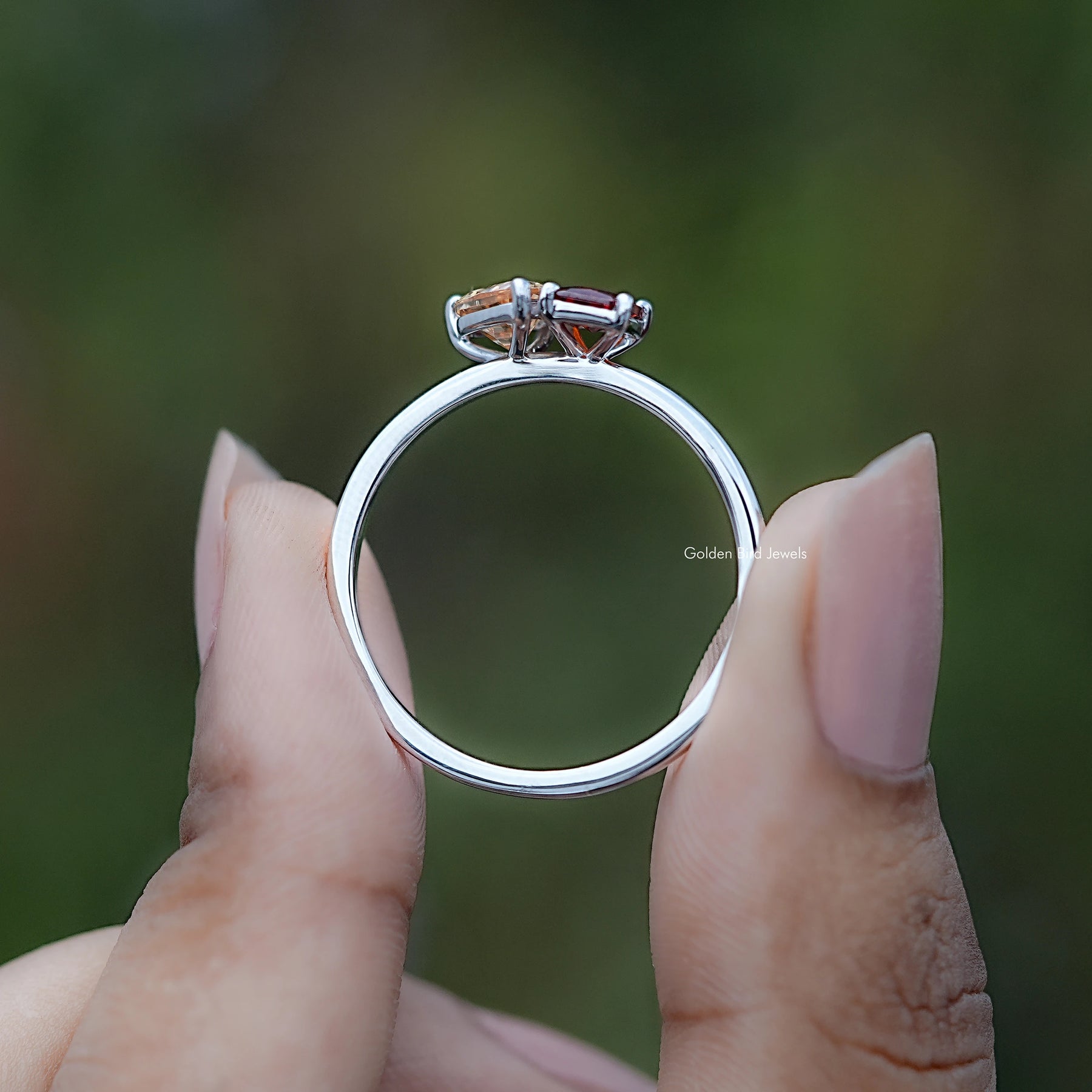Back view of Toi et Moi Gemstone Ring in secure setting