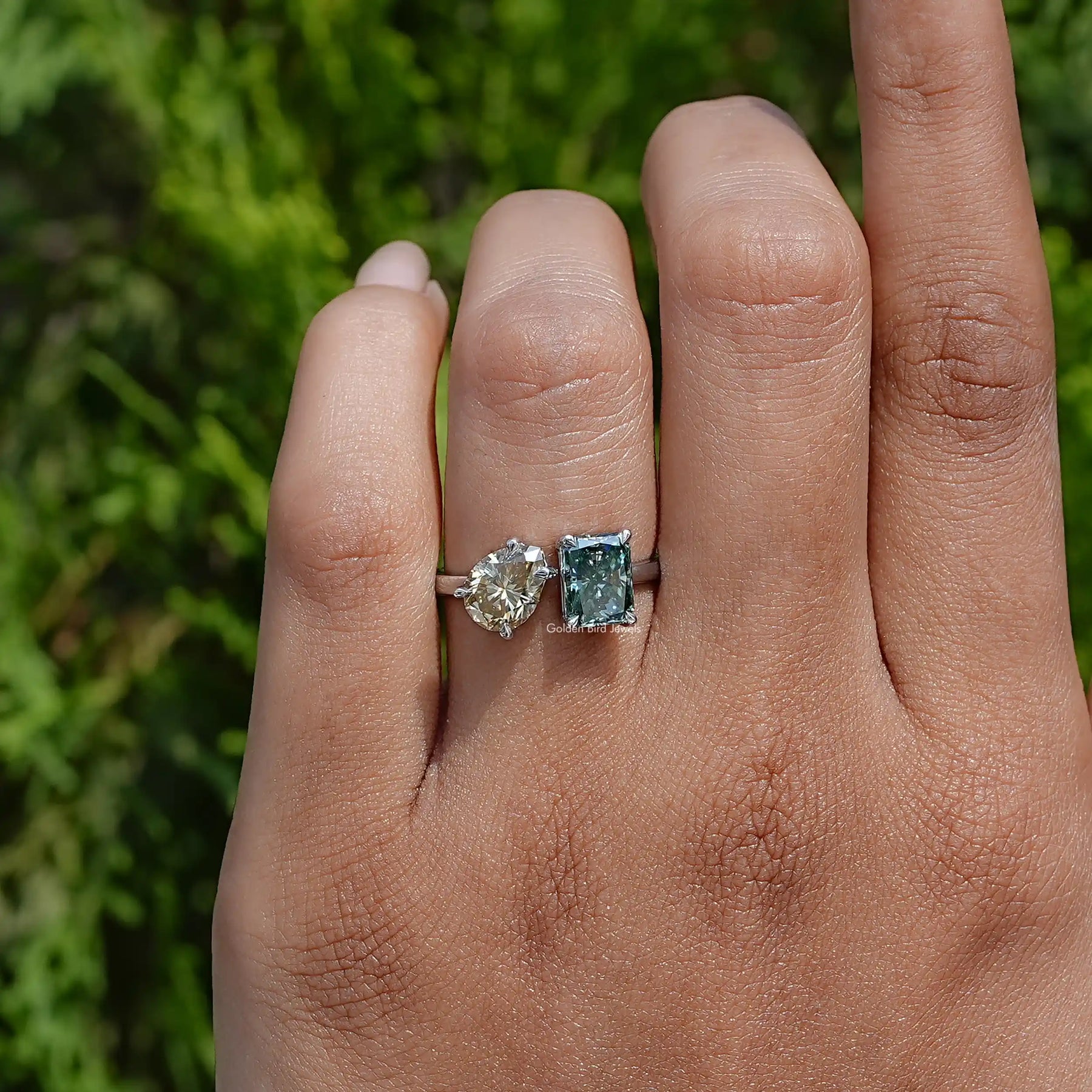 In Finger of Radiant And Pear Two Stone Moissanite Ring In White Gold
