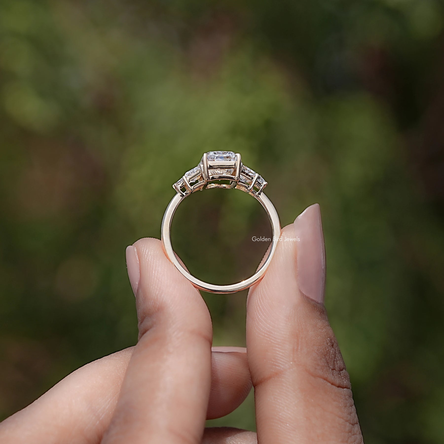Back view of Radiant And Step Cut Trapezoid Lab Diamond Ring