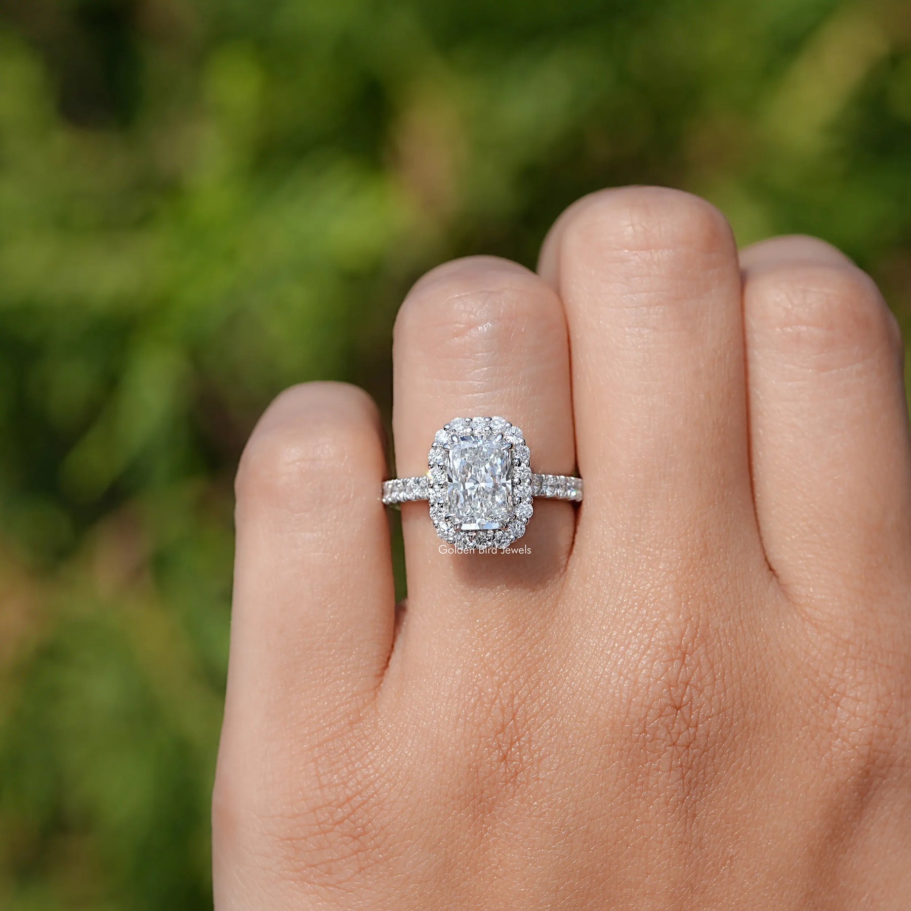 Radiant Lab Diamond Halo Accent Engagement Ring