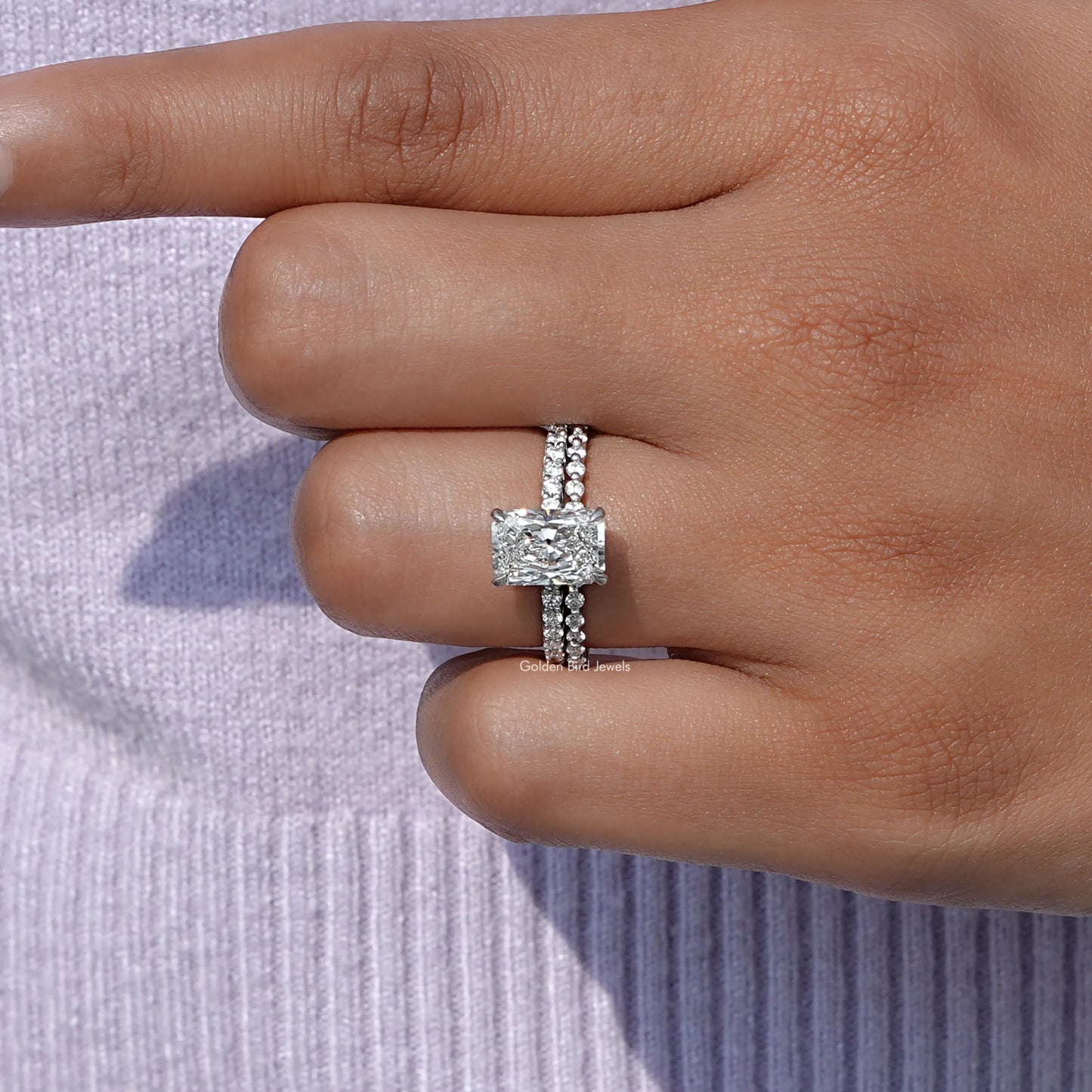 Profile view of Radiant Cut Diamond Bridal Ring Set