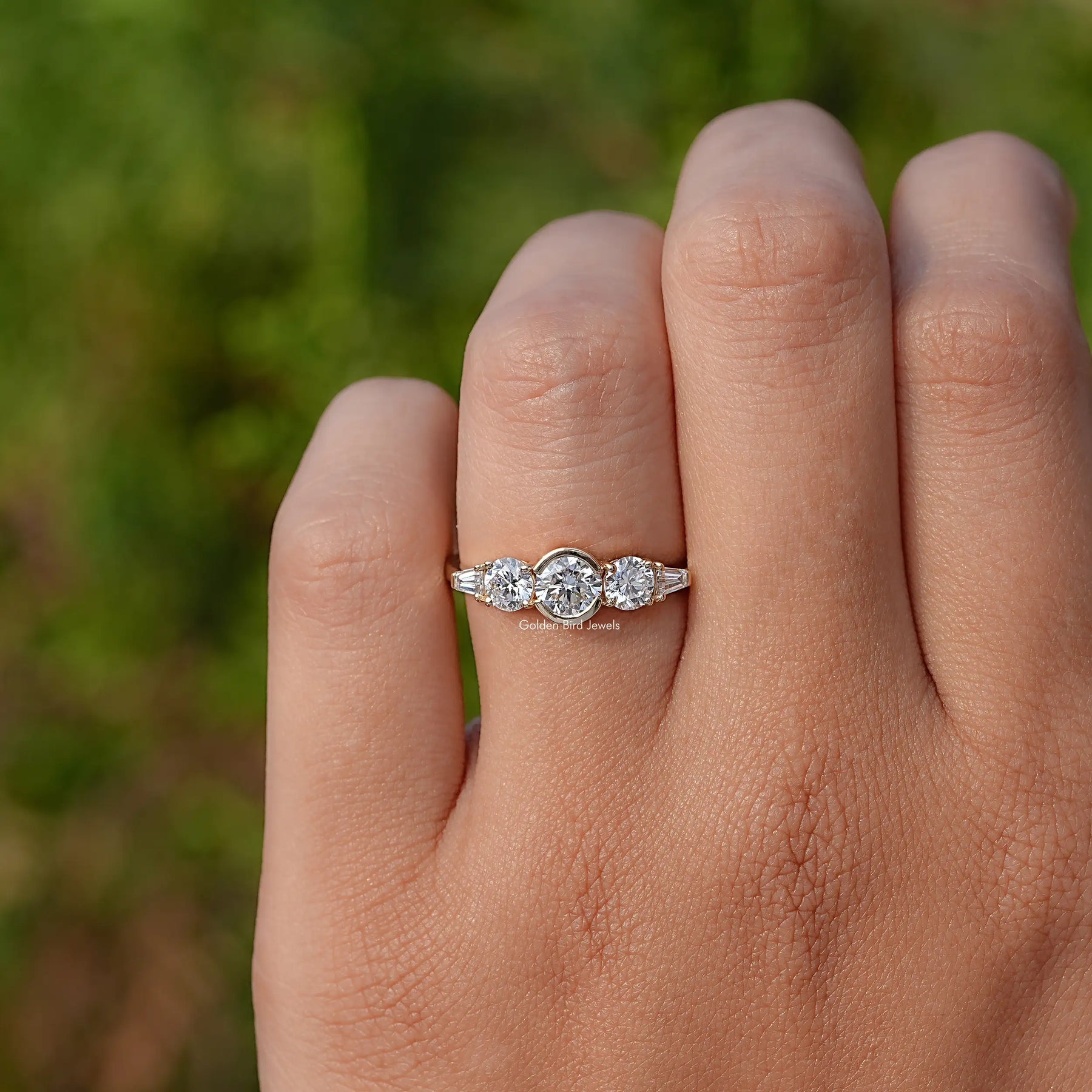 Close-Up View of Round Cut Lab Grown Diamond Five Stone Ring In Yellow Gold