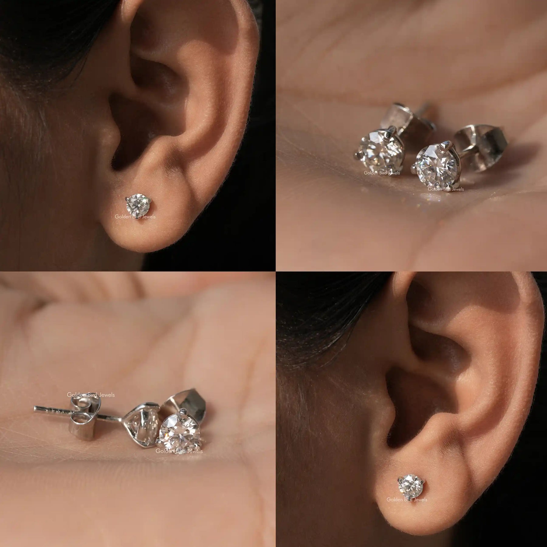 In 4 image view of stud moissanite  earings