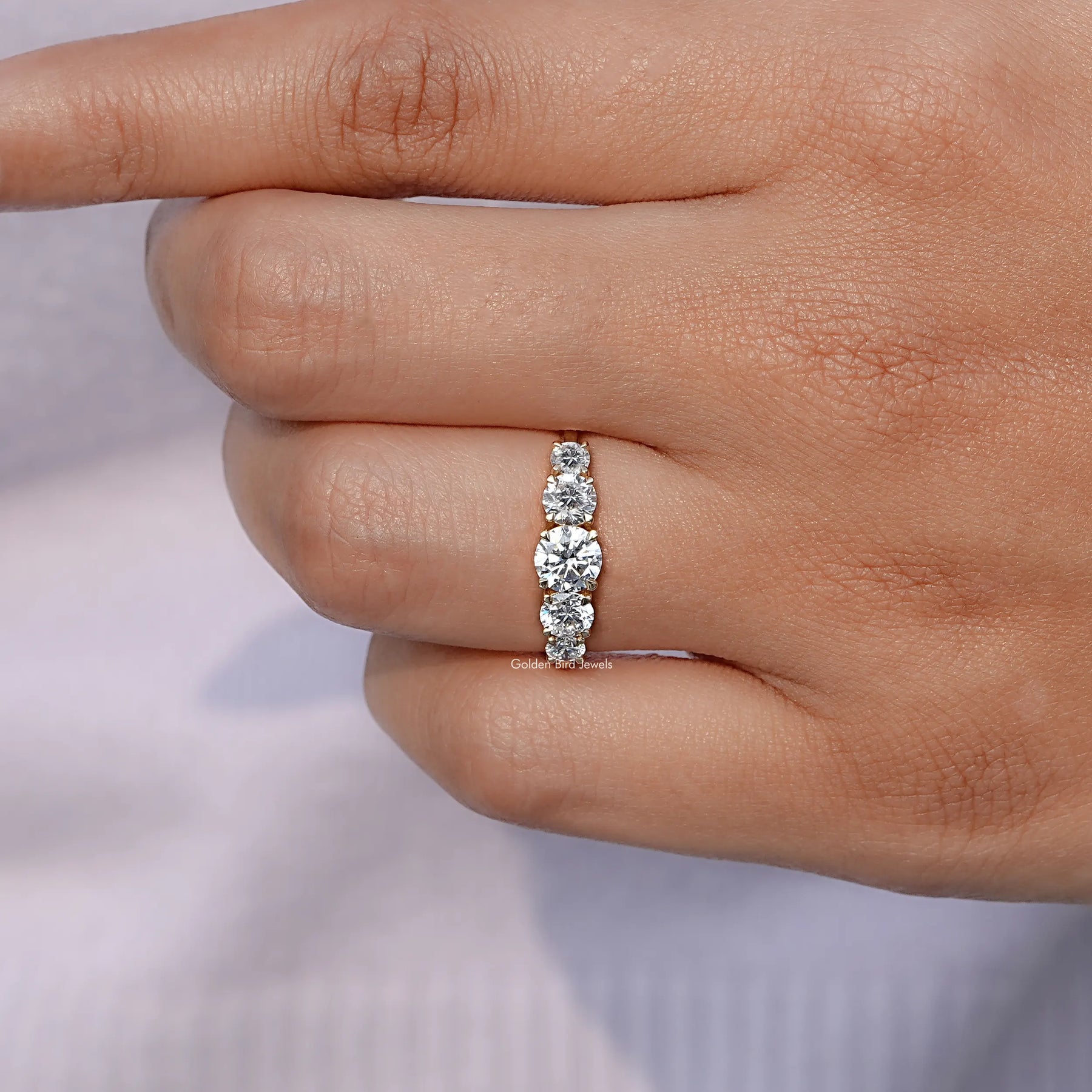 Close-Up View of Round Lab Diamond Five Stone Accent Ring In Yellow Gold