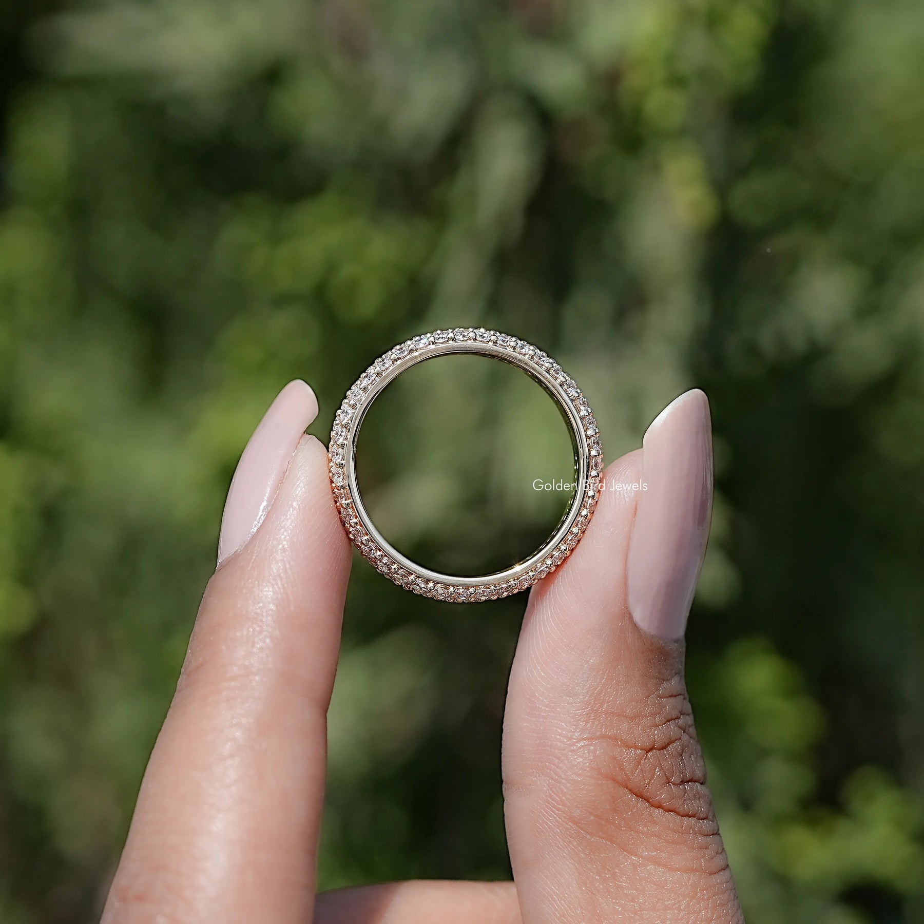 Back view of Round Cut Lab Diamond Three Row Pave Band