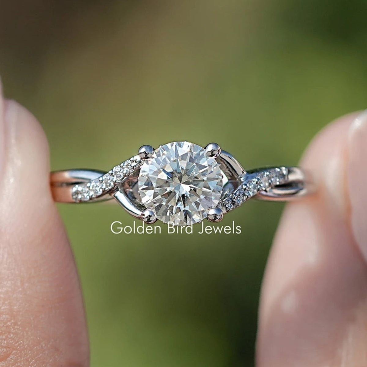 Round Moissanite Criss Cross Accent Engagement Ring