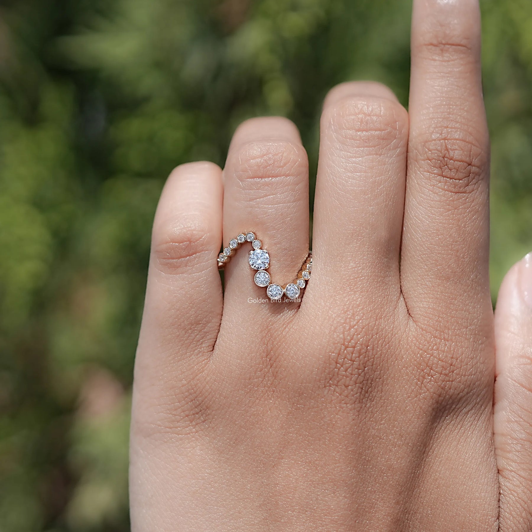 In finger view of Round Cut Moissanite Solitaire Ring