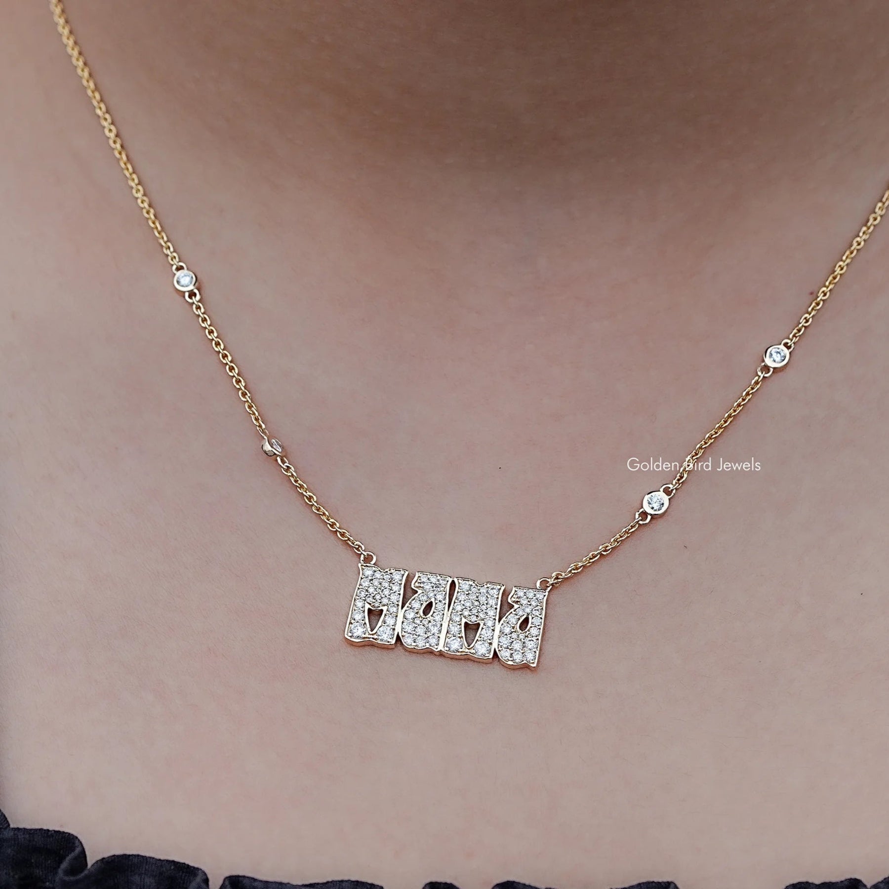 Round Moissanite Letter Necklace on Model's Neck