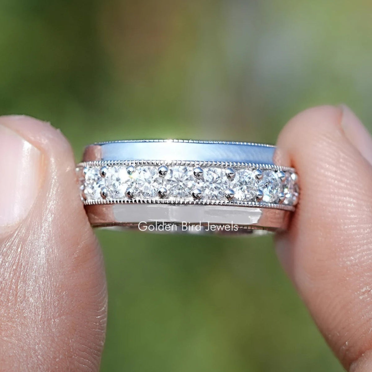 Front view of Round Shaped Moissanite Half Eternity Men's Band