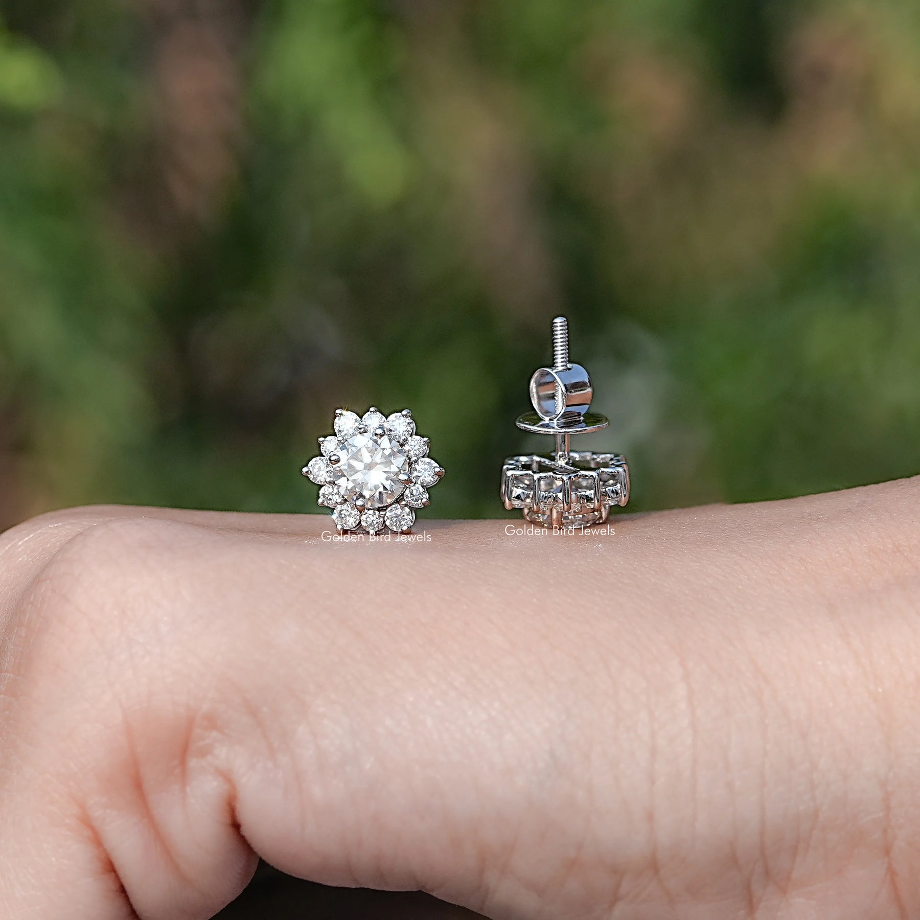 Front And Back Side View Of solitaire stud earrings crafted in moissanite