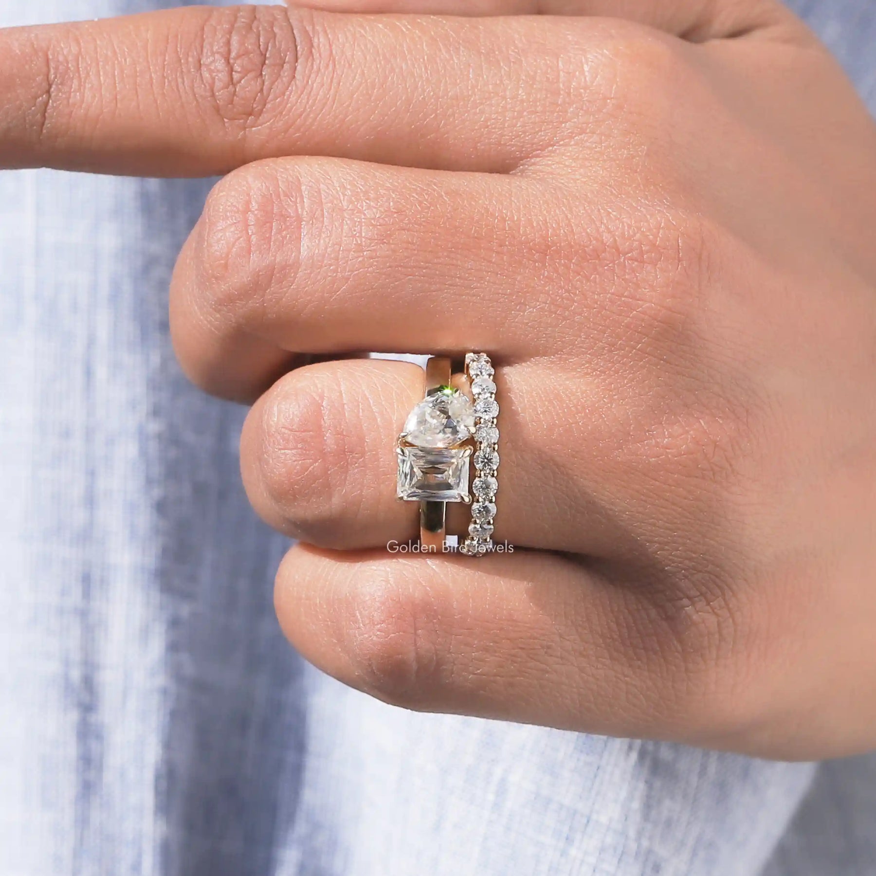 Old Mine Pear and Criss Cut Moissanite Ring In Finger