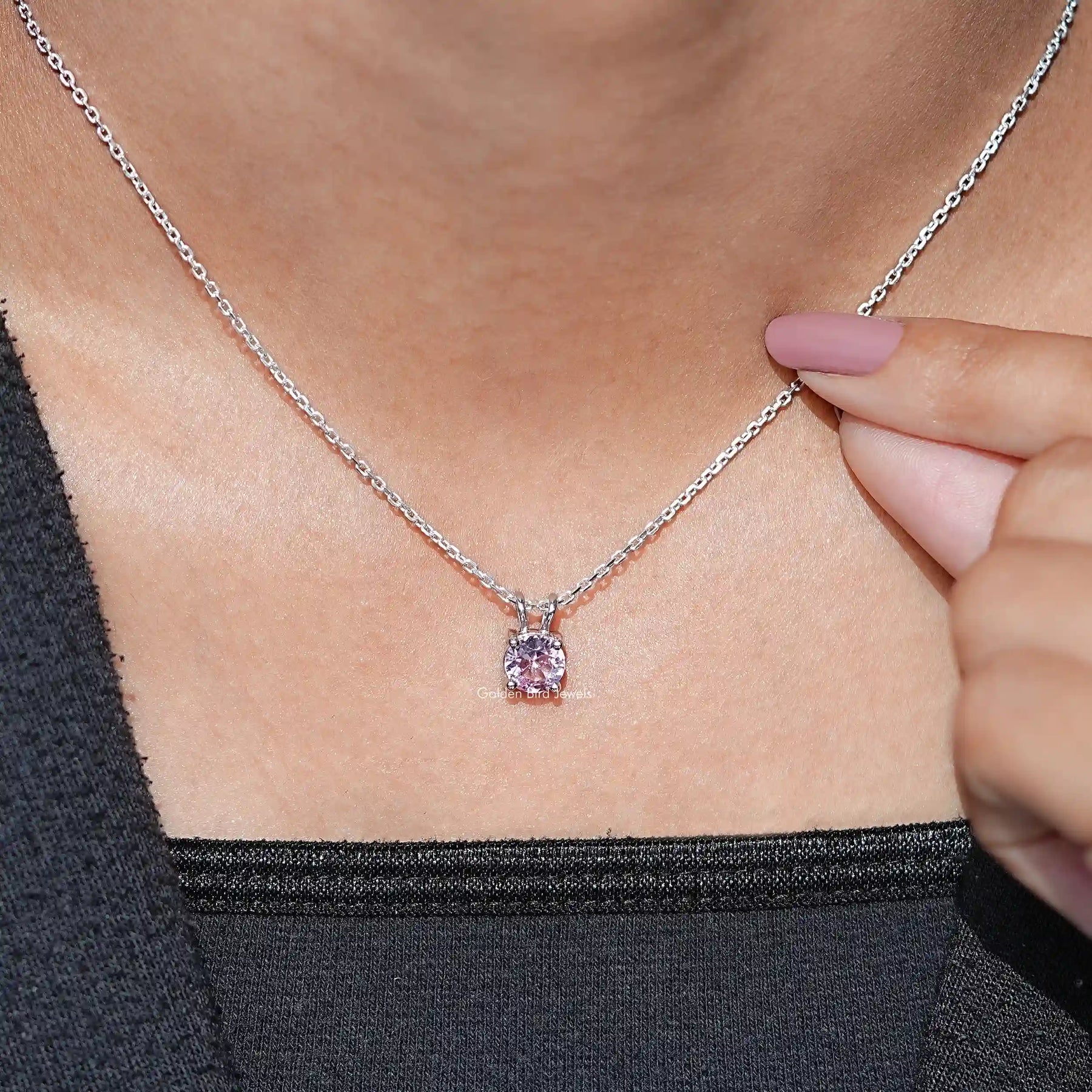 View of A Gemstone Pendant Necklaces Wear In Women's neck