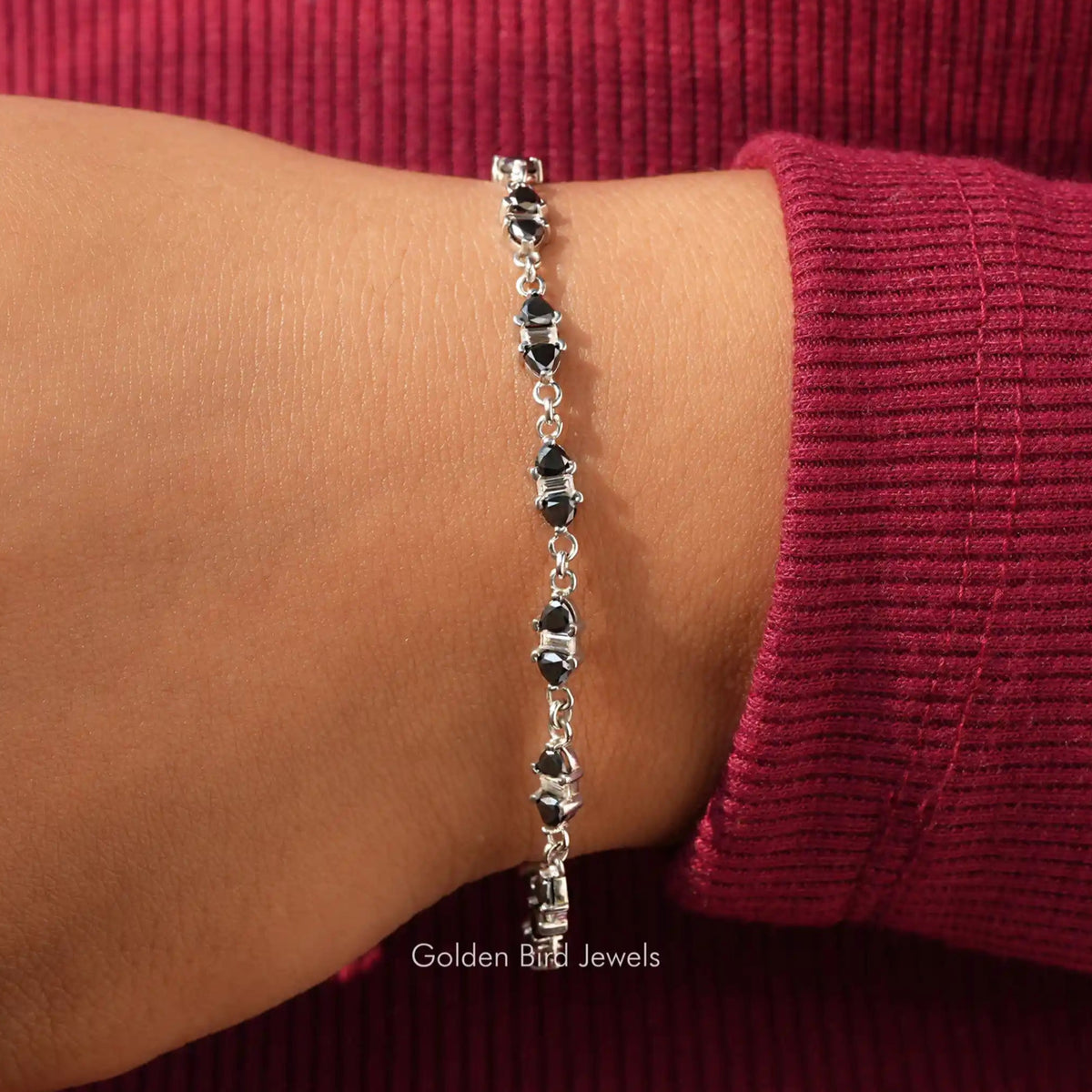 View of trillion cut moissanite linked Bracelet