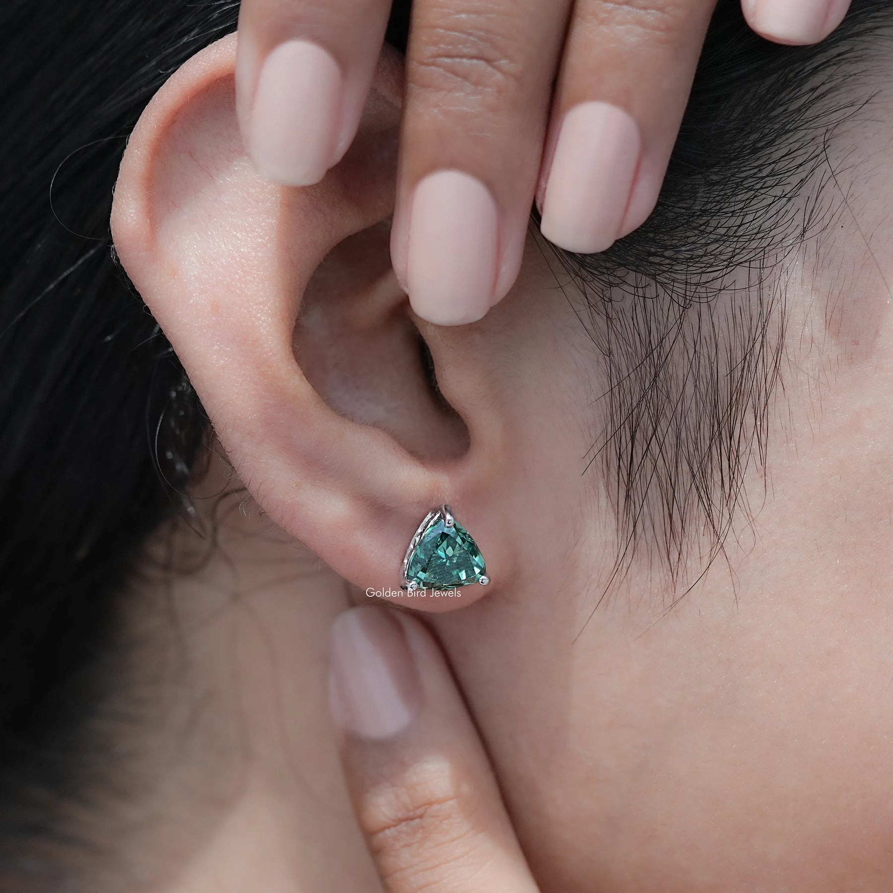 Dark Green Trillion Cut Moissanite Stud Earrings