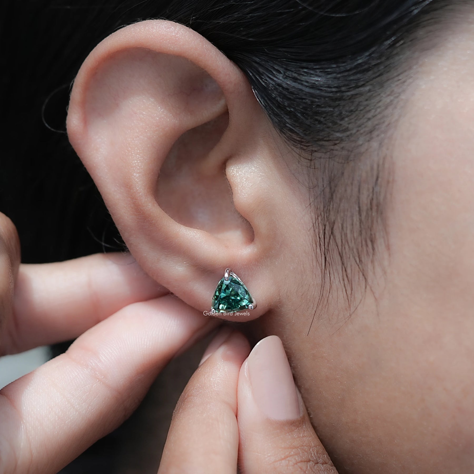 Dark Green Trillion Cut Moissanite Stud Earrings