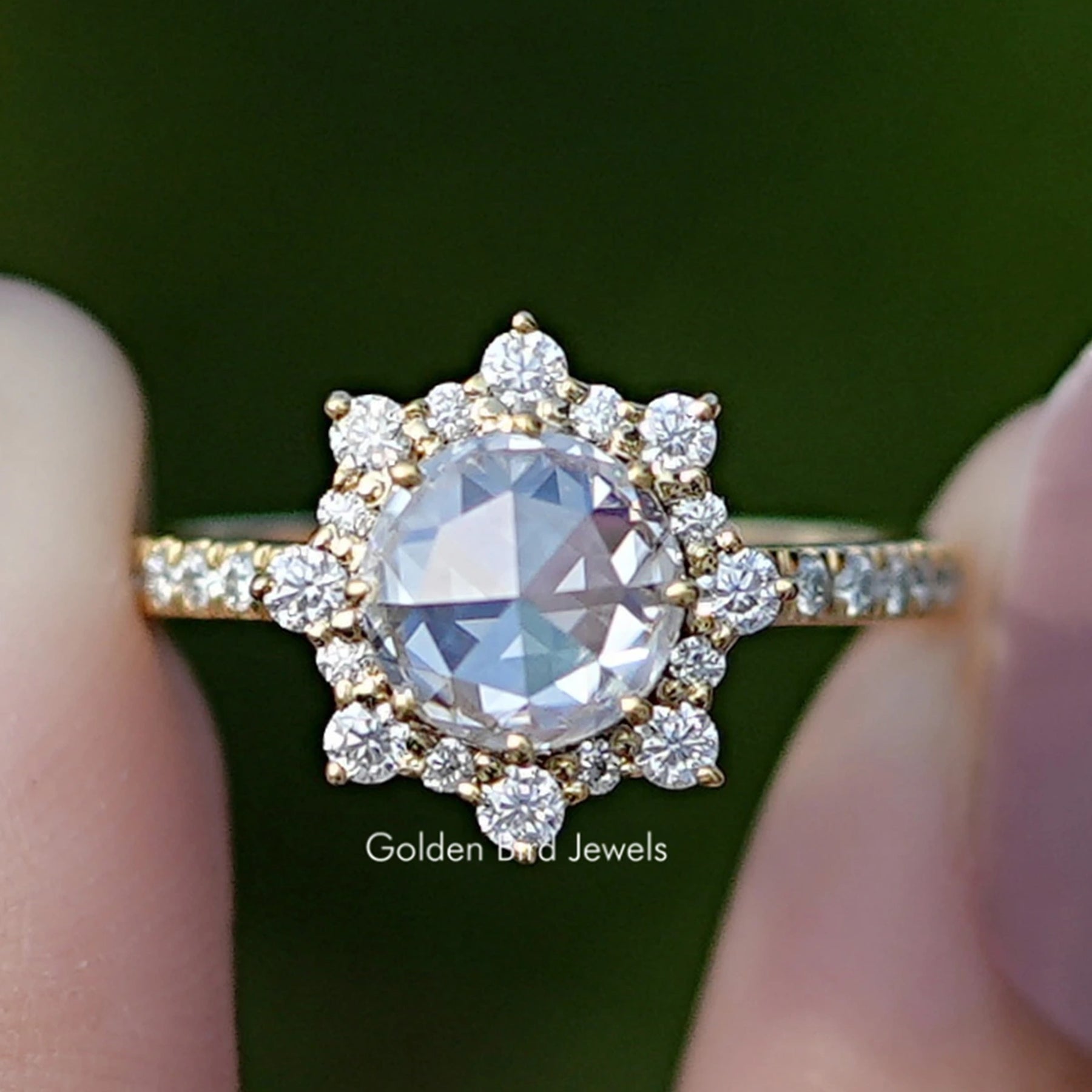 Rose Cut Round Halo Moissanite Ring