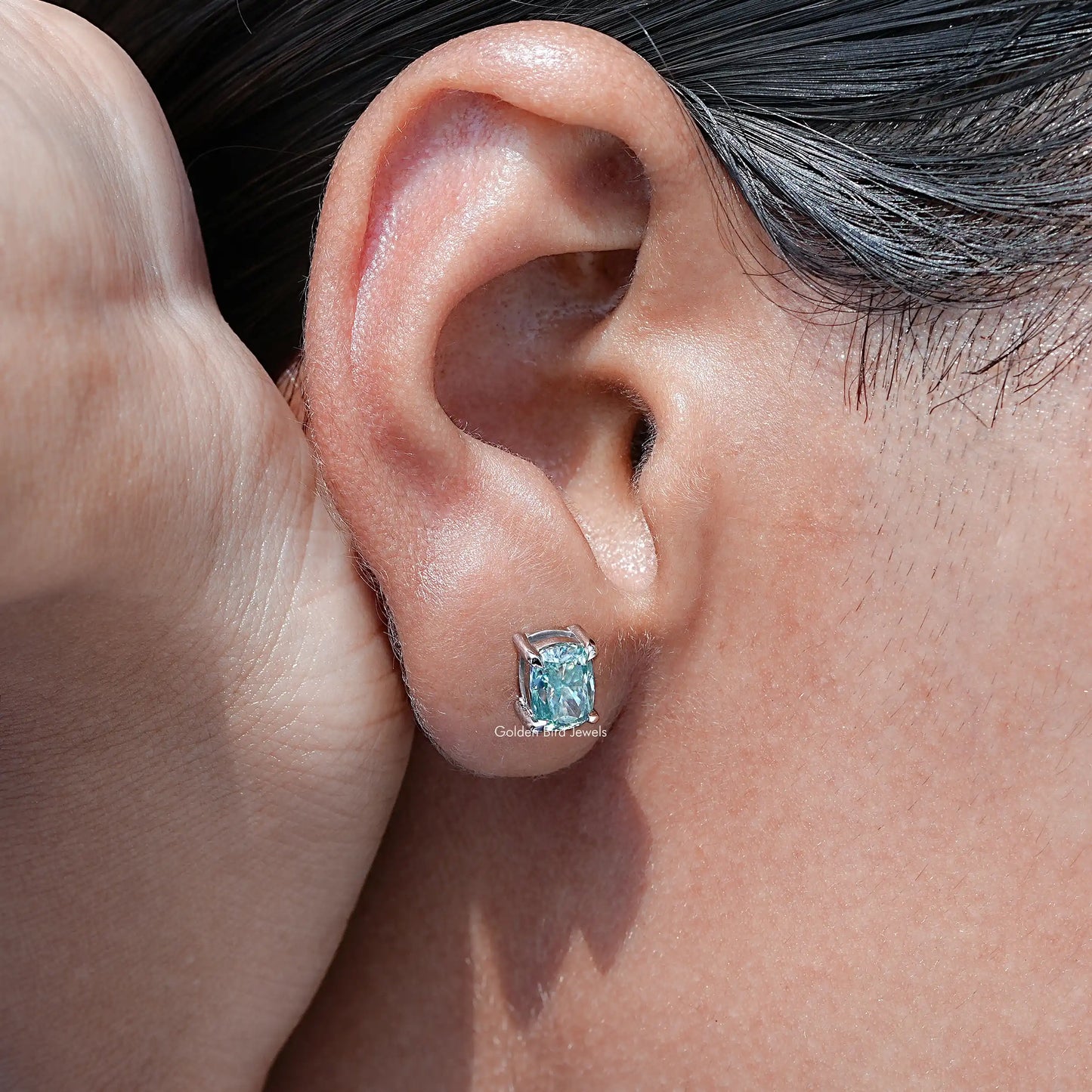 Solid Blue elongated cushion Cut moissanite Stud Earrings