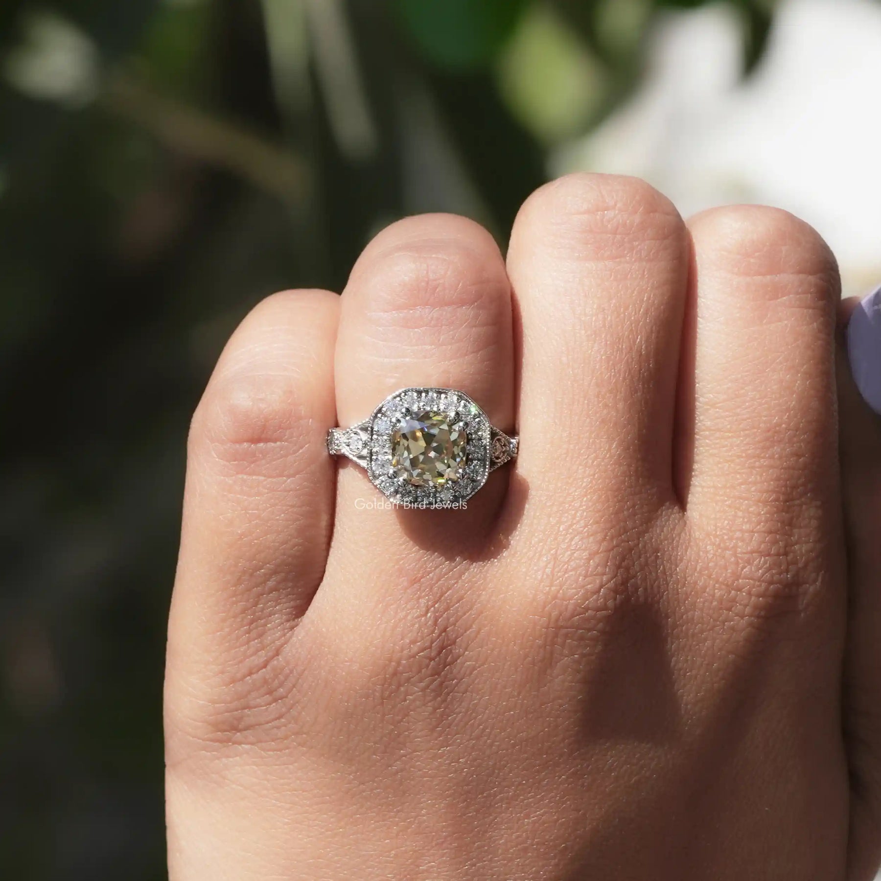 Yellow Old Mine Cushion Moissanite Halo Accent Ring