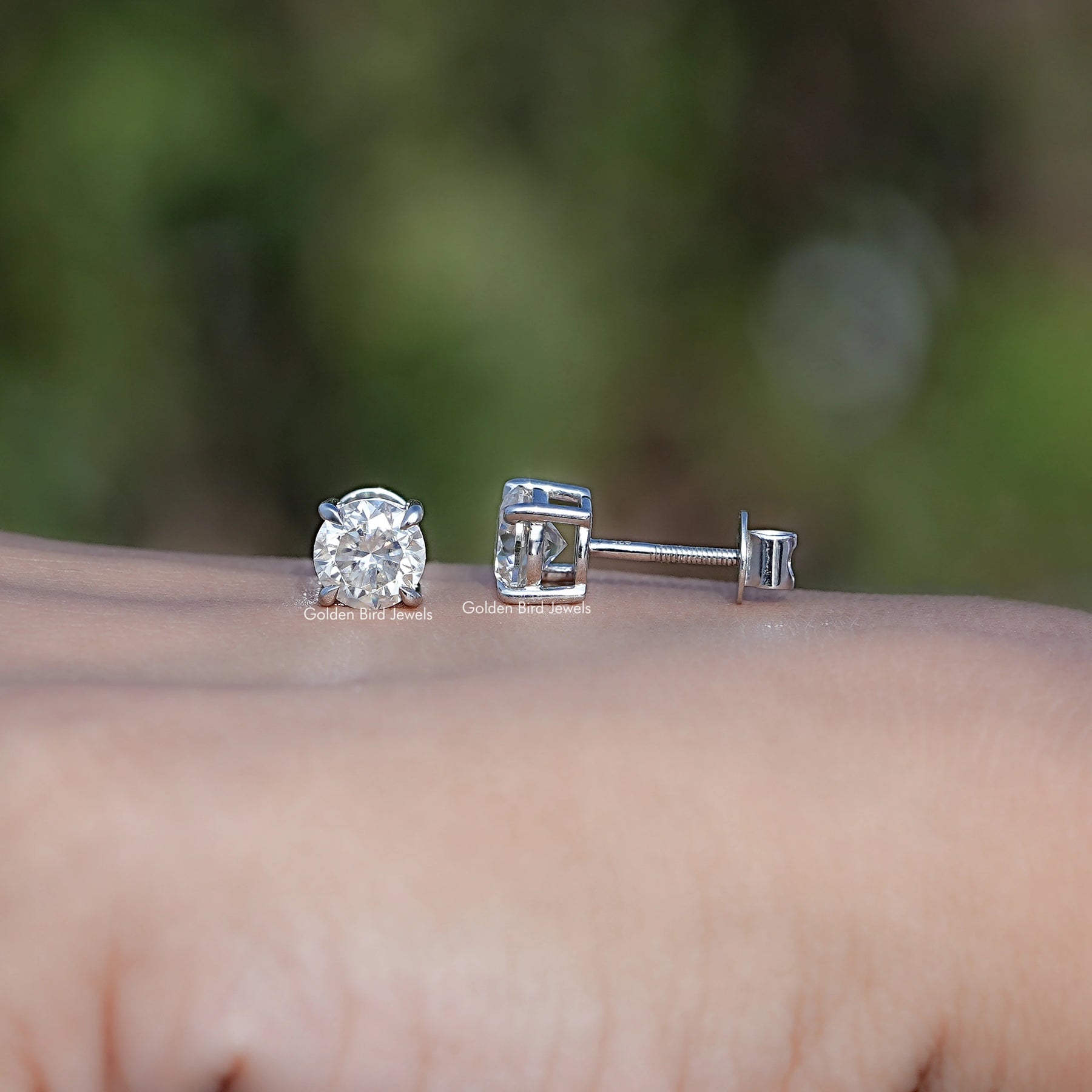 Front And Back Side View Of Round Cut Moissanite Stud Earrings
