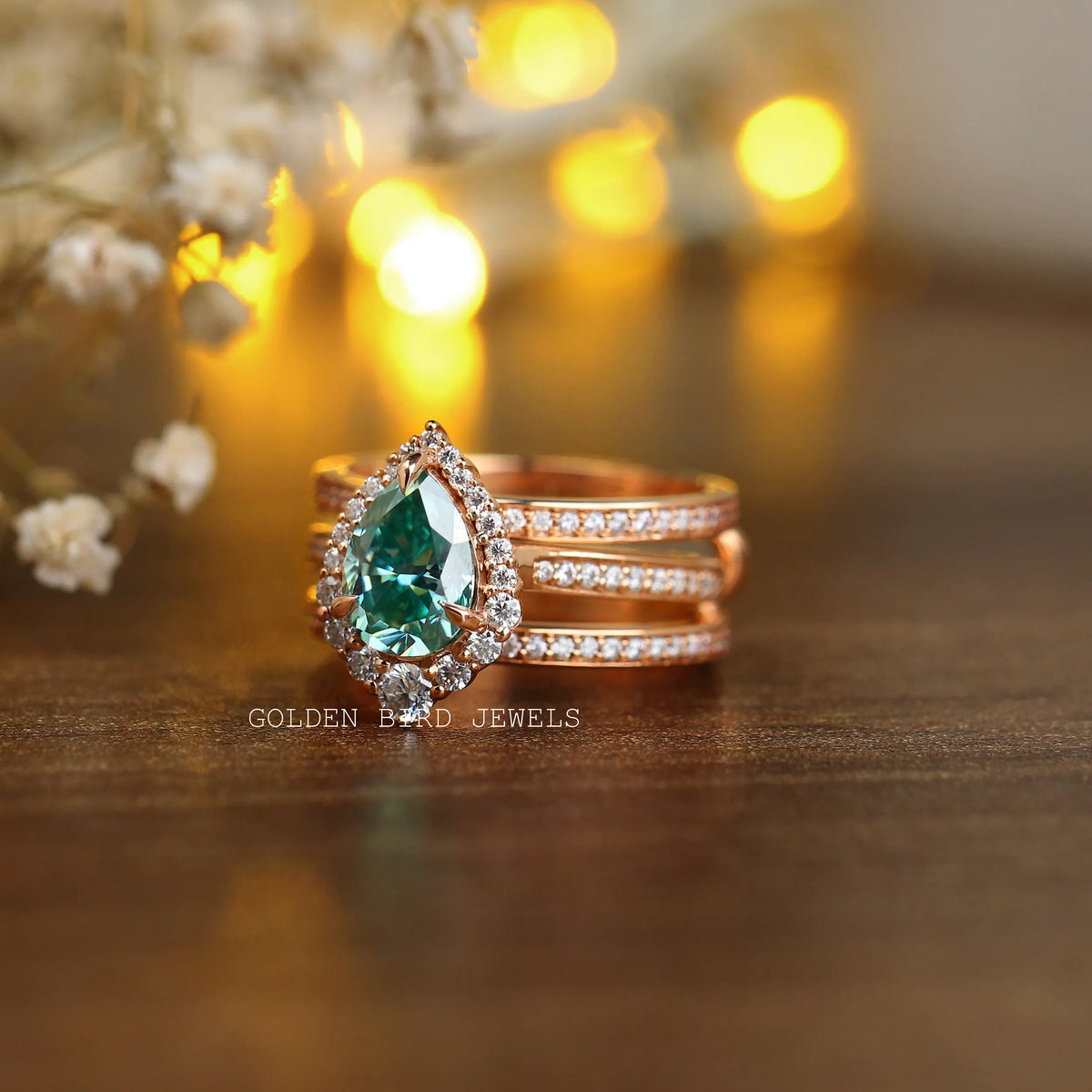 Moissanite wedding ring set in yellow gold