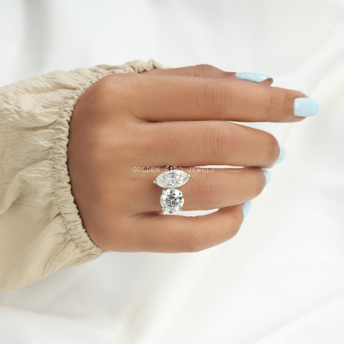 View of Round Cut Moissanite 2 Stone Engagement Ring In Finger