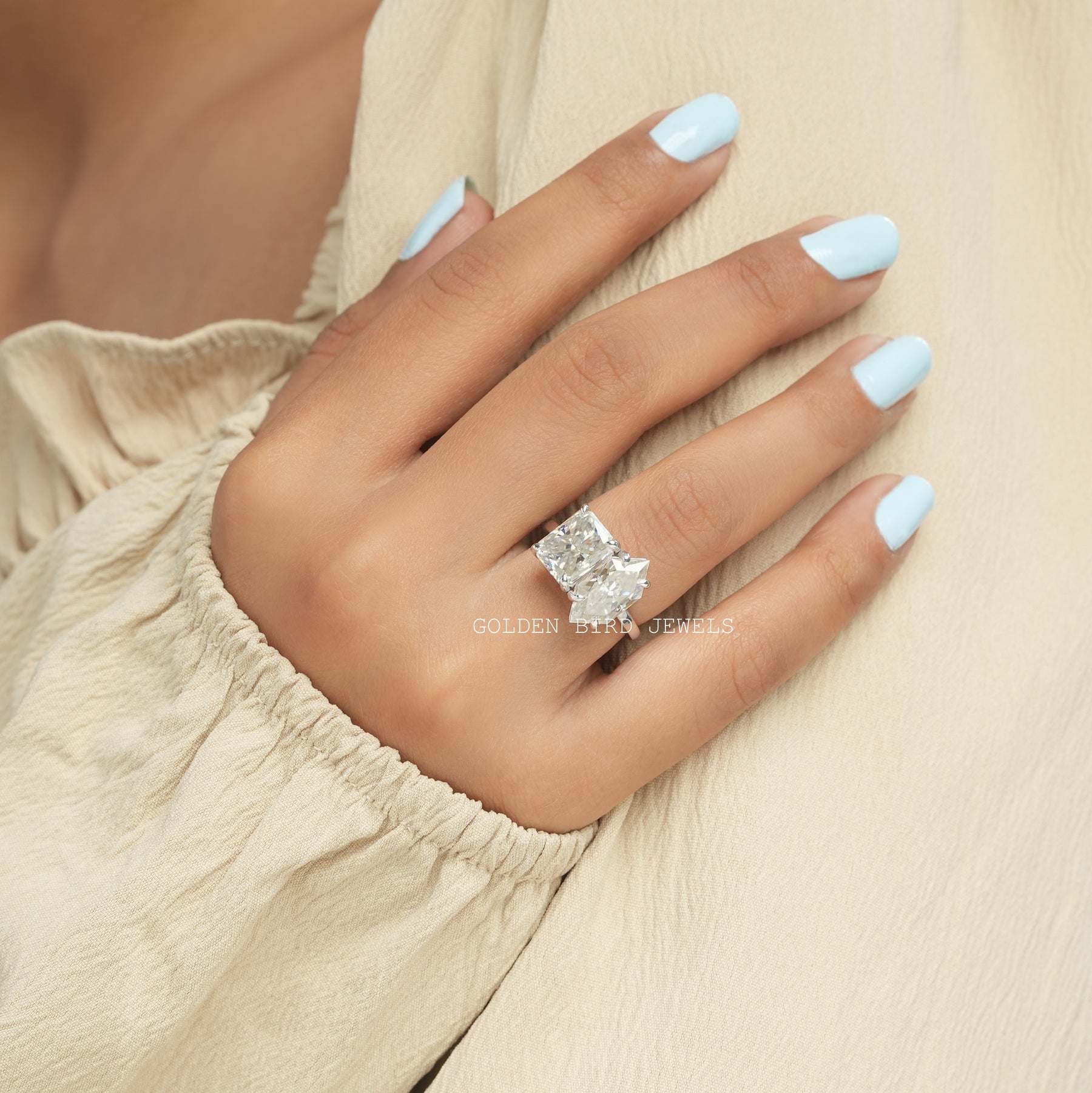 Detailed Radiant Cut Moissanite Toi Et Moi Ring Set In Finger